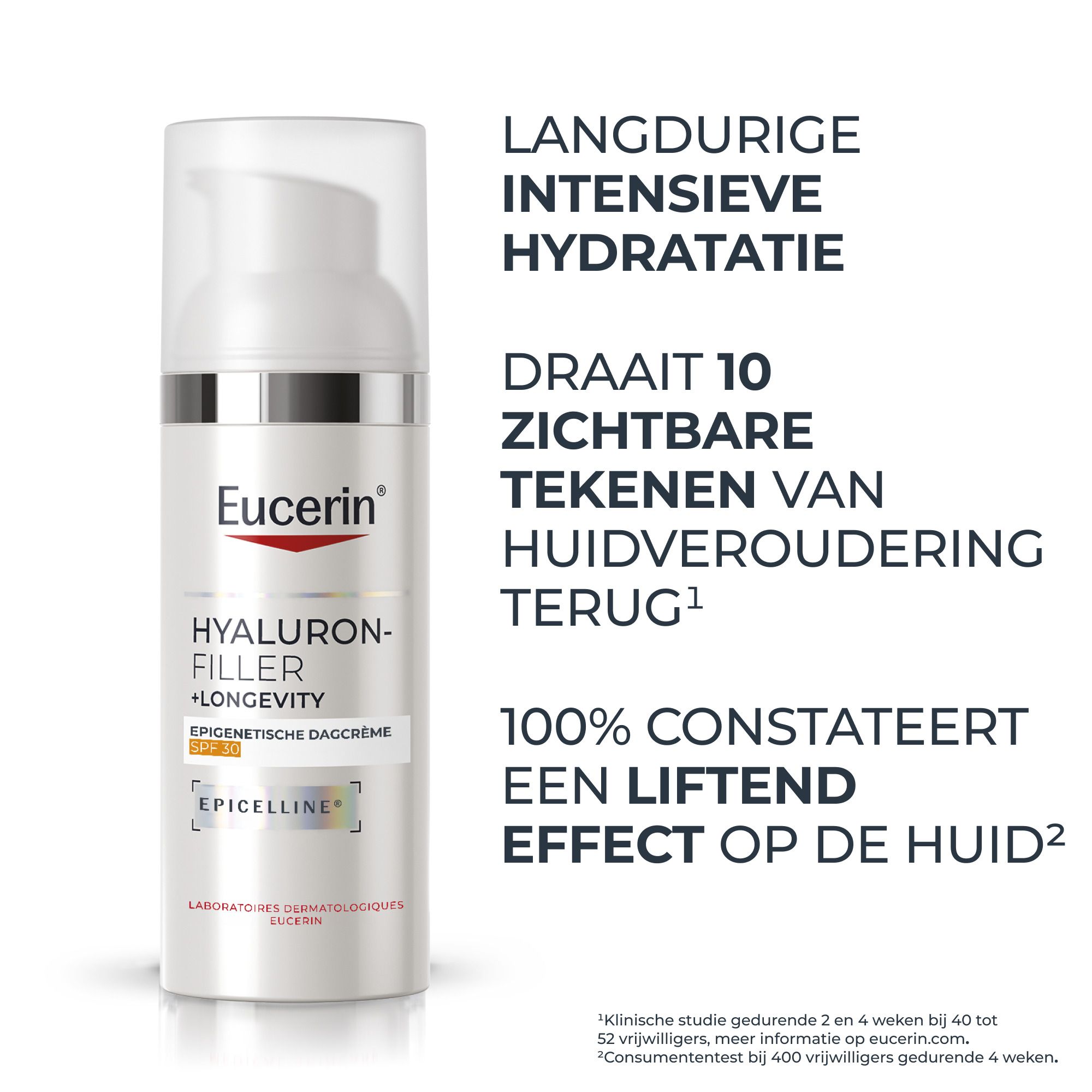 Eucerin Hyaluron-Filler + Longevity Dagcrème SPF 30, zijaanzicht.