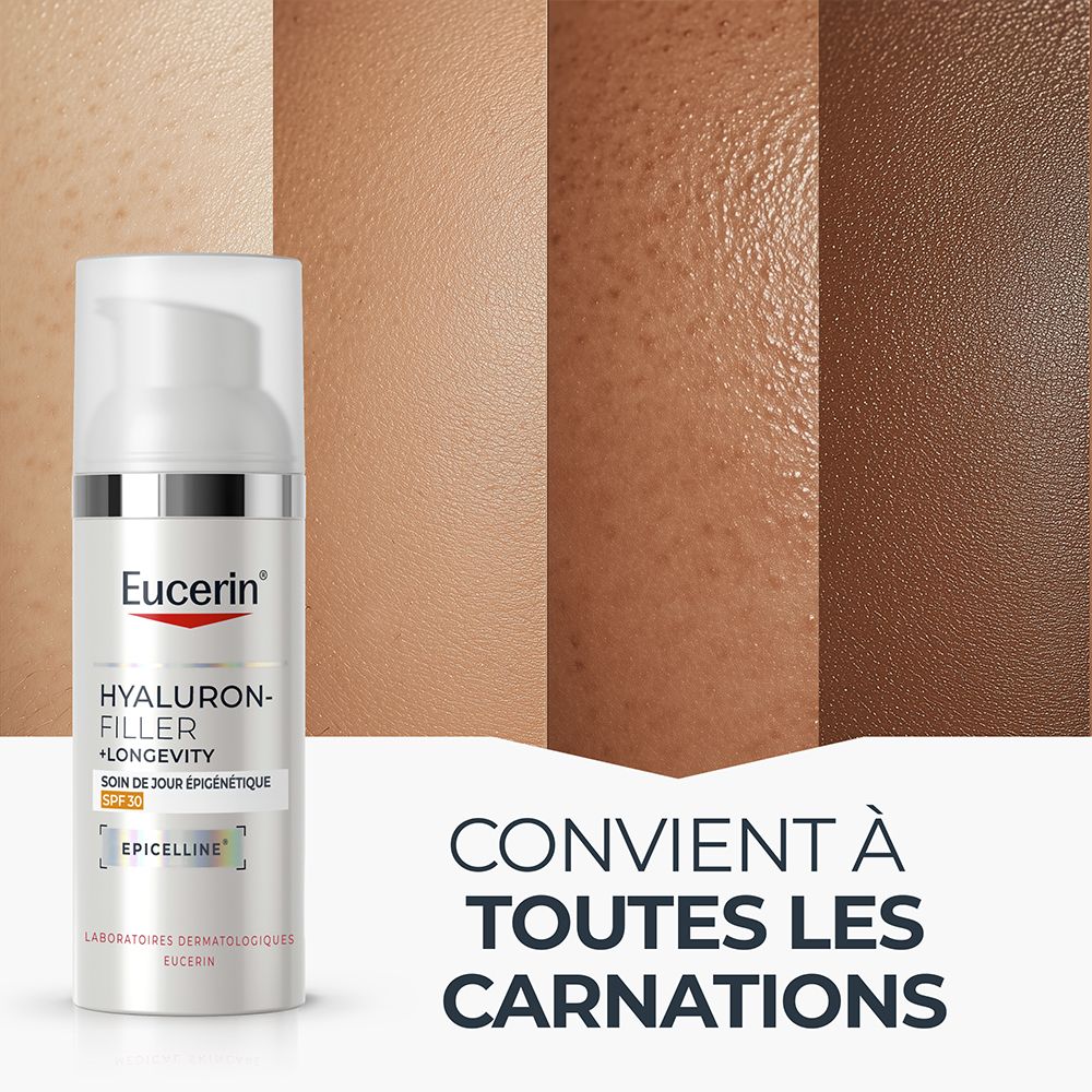 Emballage du Eucerin Hyaluron-Filler + Longevity Soin de Jour SPF 30.