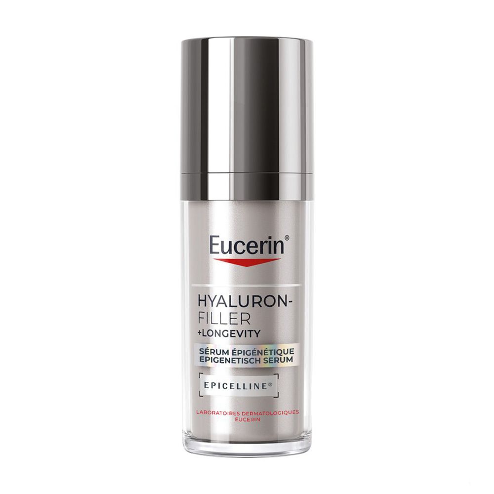 Fles Eucerin Hyaluron-Filler + Longevity Epigenetisch Serum met pomp.