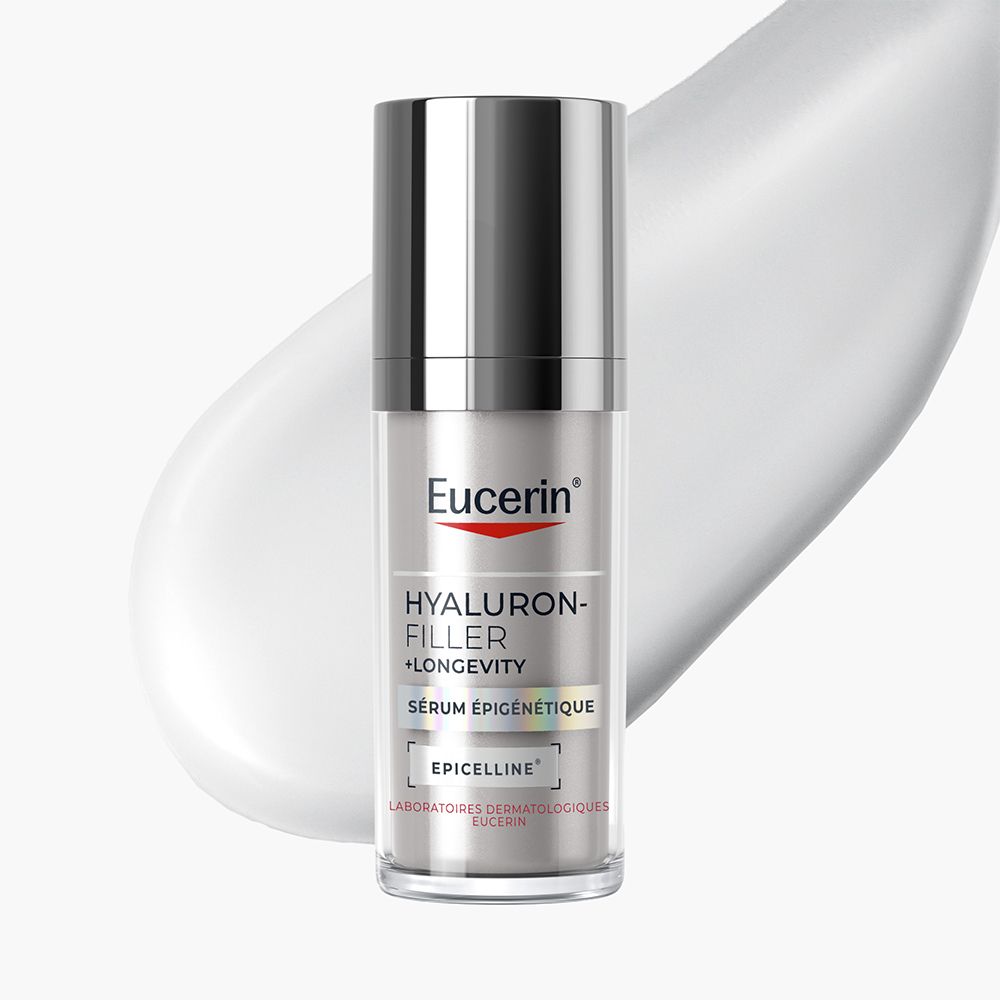 Dos de la bouteille Eucerin Hyaluron-Filler + Longevity Sérum avec instructions.