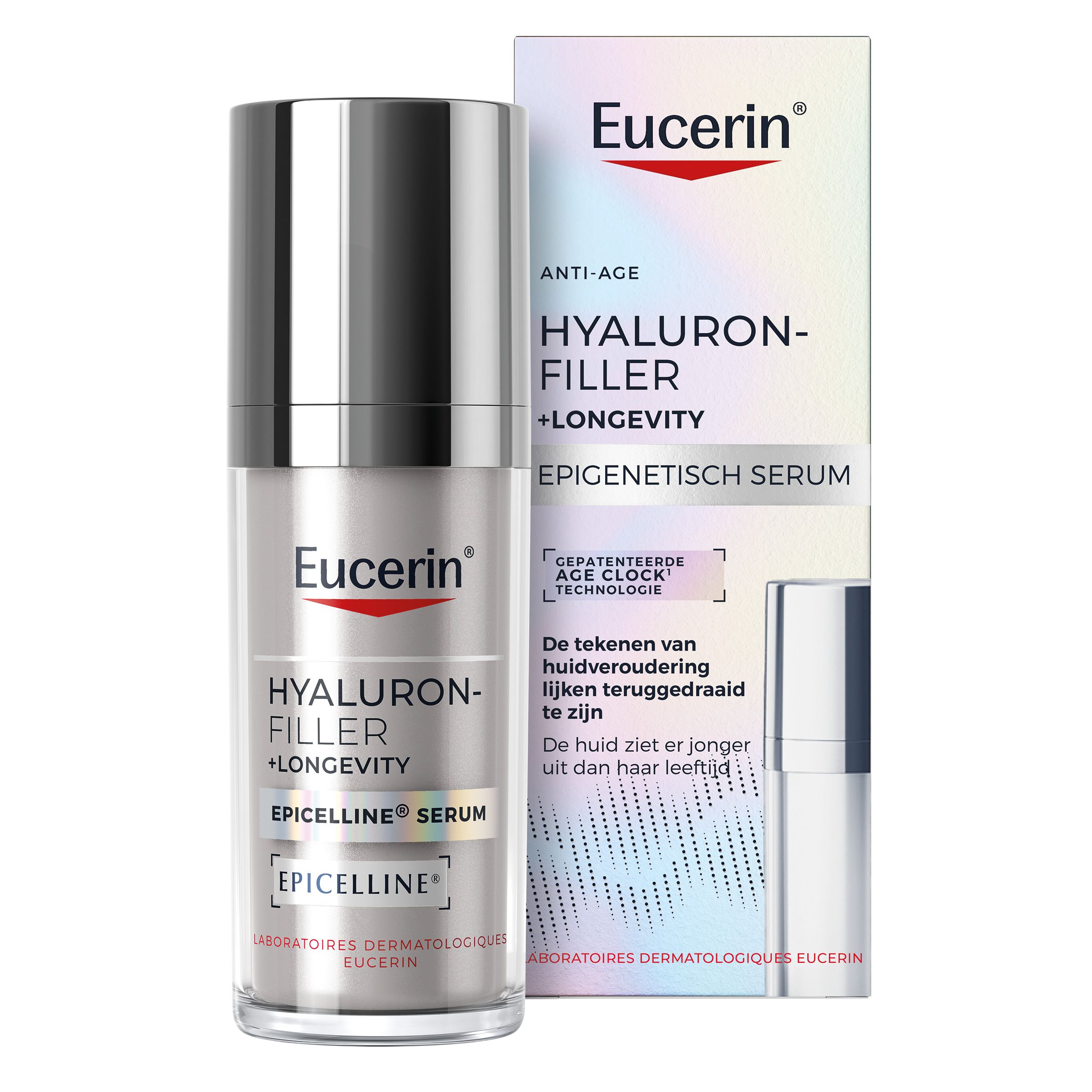 Achterkant van de Eucerin Hyaluron-Filler + Longevity Serum fles met instructies.