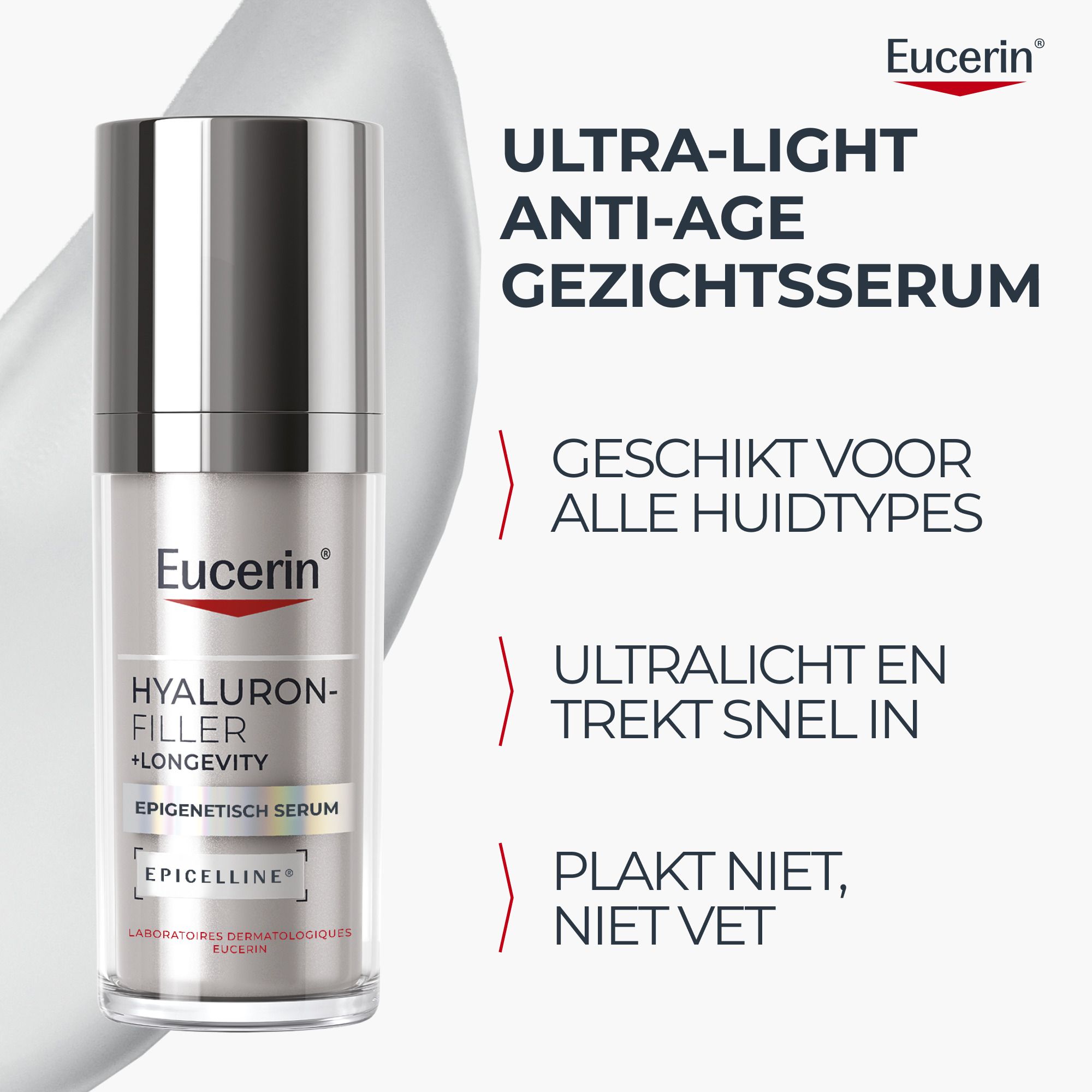 Zijaanzicht van de Eucerin Hyaluron-Filler + Longevity Serum fles.
