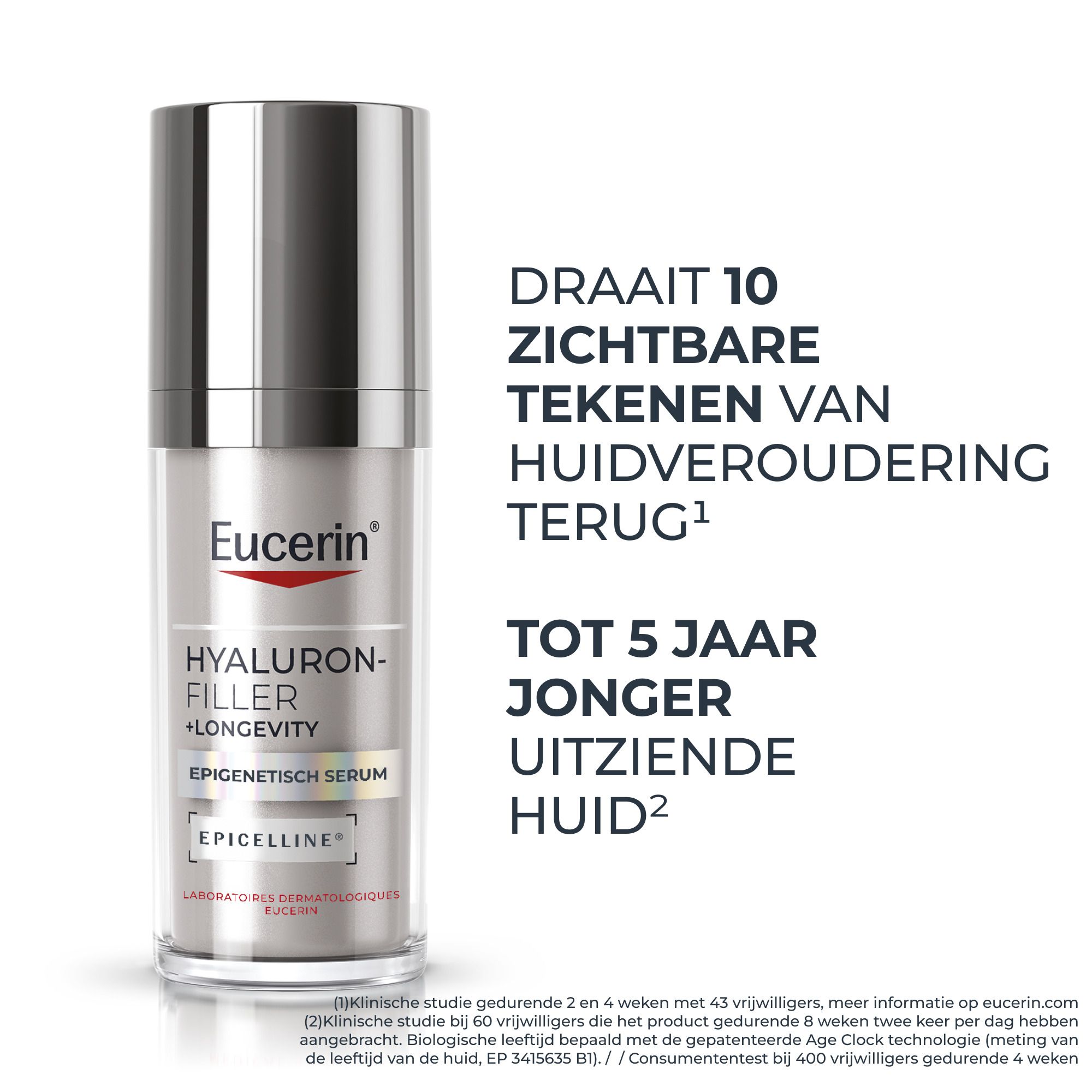 Eucerin Hyaluron-Filler + Longevity Epigenetisch Serum in zilveren pompflacon.