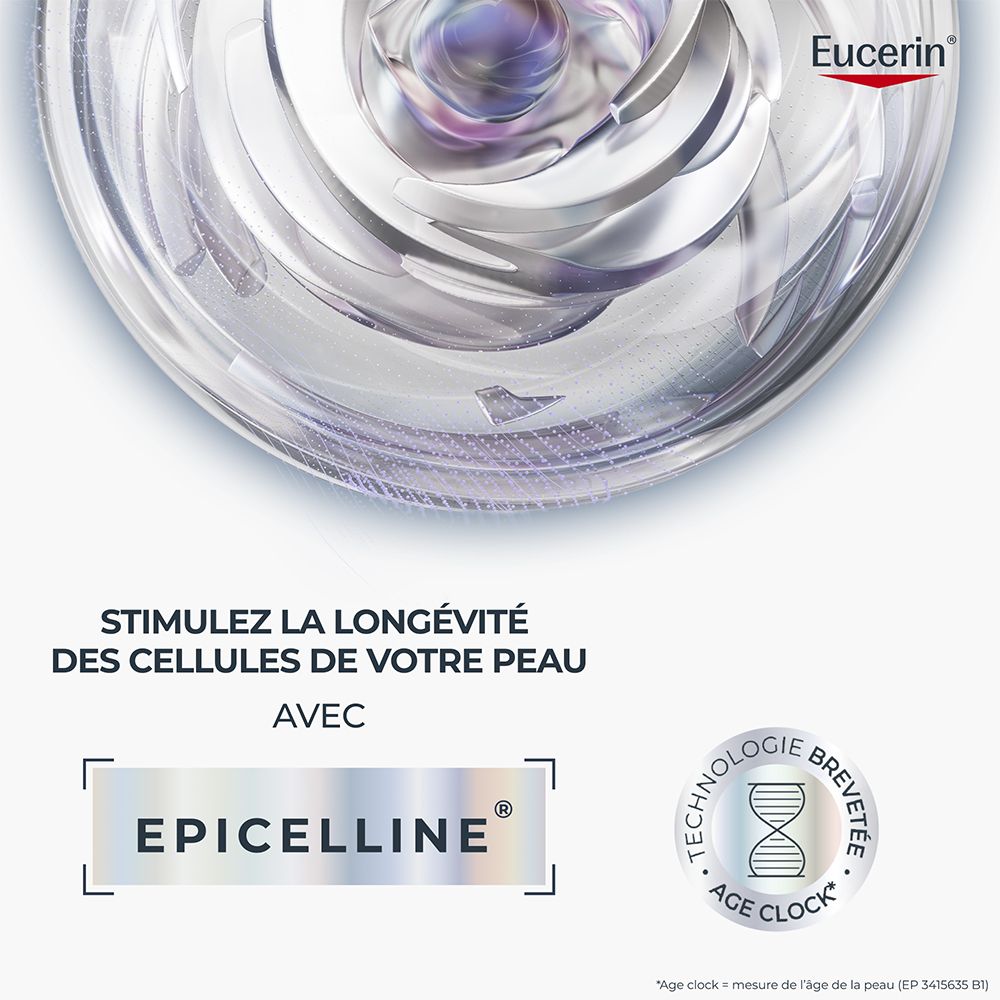Dos de la bouteille Eucerin Hyaluron-Filler + Longevity Sérum avec instructions.