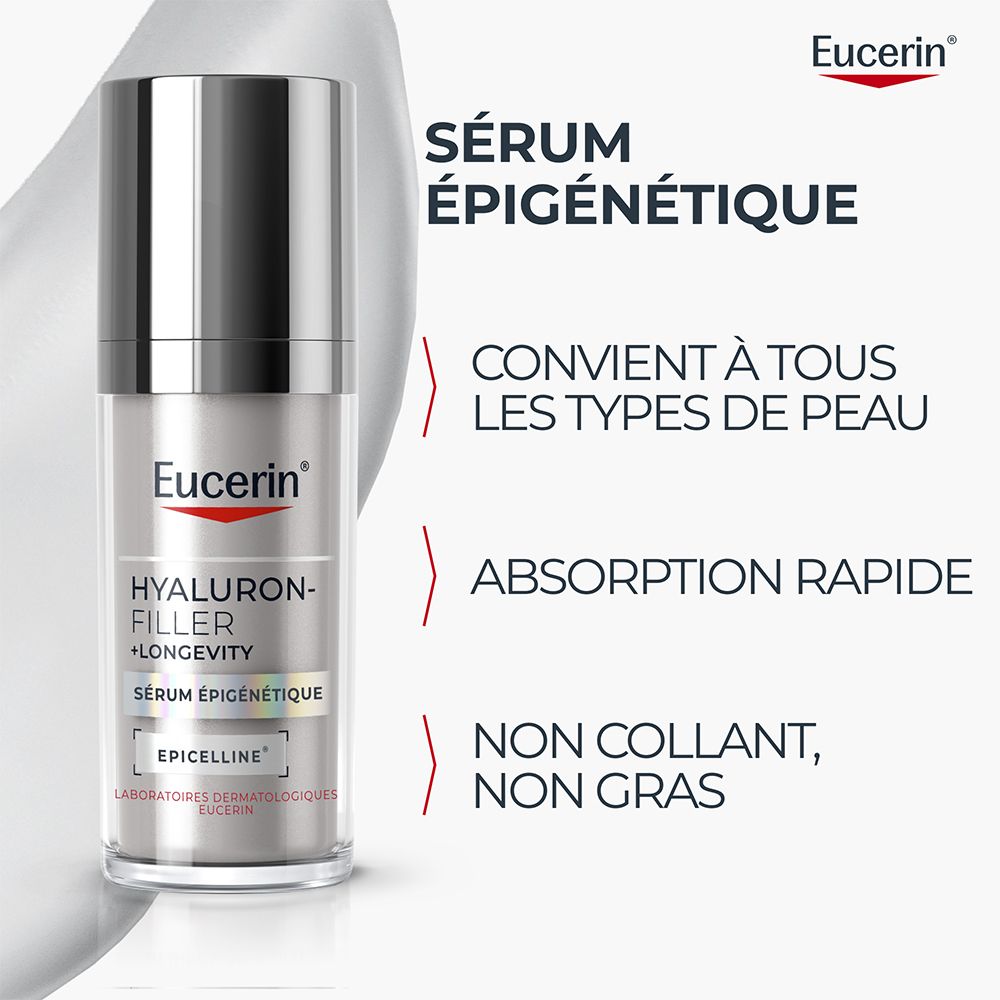 Vue latérale du flacon Eucerin Hyaluron-Filler + Longevity Sérum.