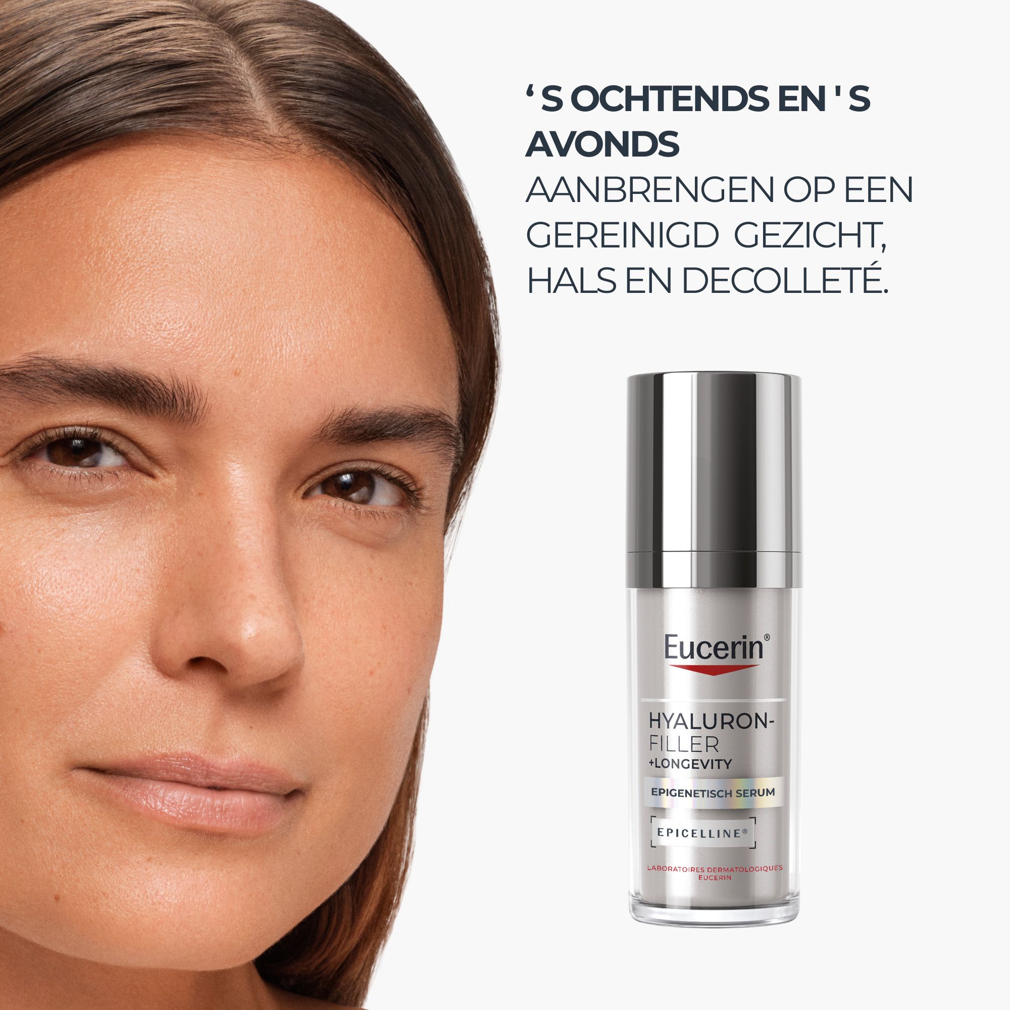 Een vrouw met de pompflacon van Eucerin Hyaluron-Filler + Longevity Serum.