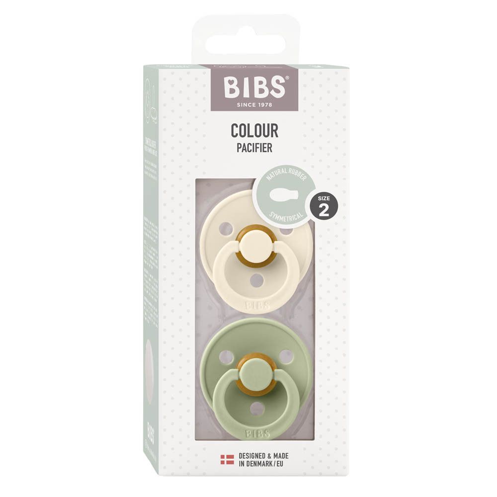 Verpakking met twee BIBS-fopspenen, kleur Sage/Ivory, maat 2. Transparant venster. Deens design.