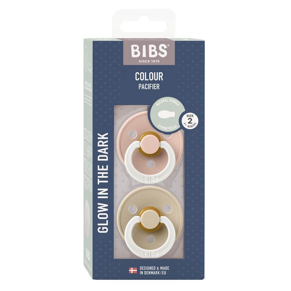 BIBS Colour speen duo pack. Twee spenen in roze en beige. Venster. "Glow in the Dark".