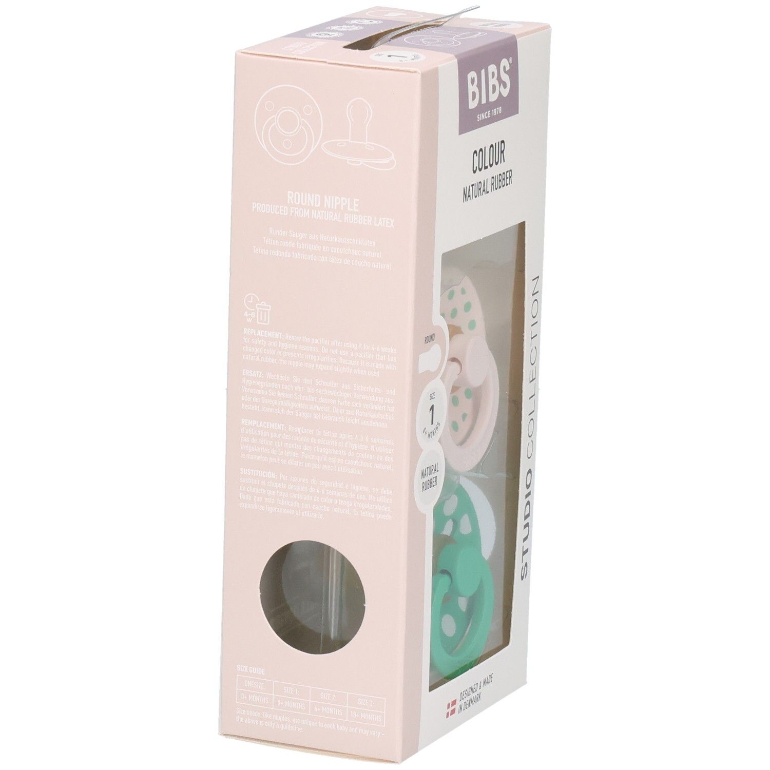 Zijaanzicht van de verpakking met twee fopspenen. Roze en groene spenen. Merk: BIBS. Natuurrubber.