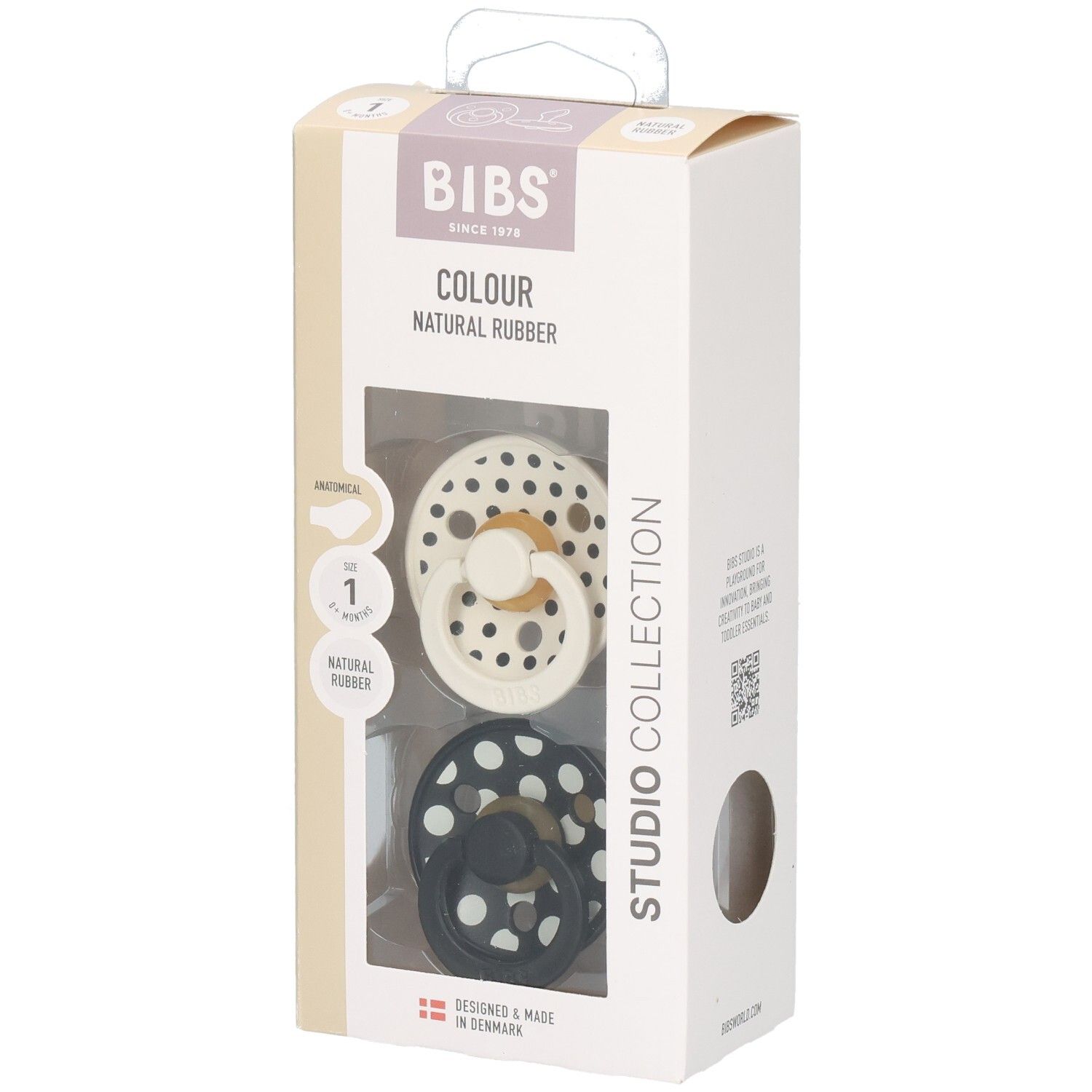 Verpakking met twee BIBS-fopspenen. Polka dot design. Anatomische speen. Natuurrubber. Kleuren: zwart en crème.