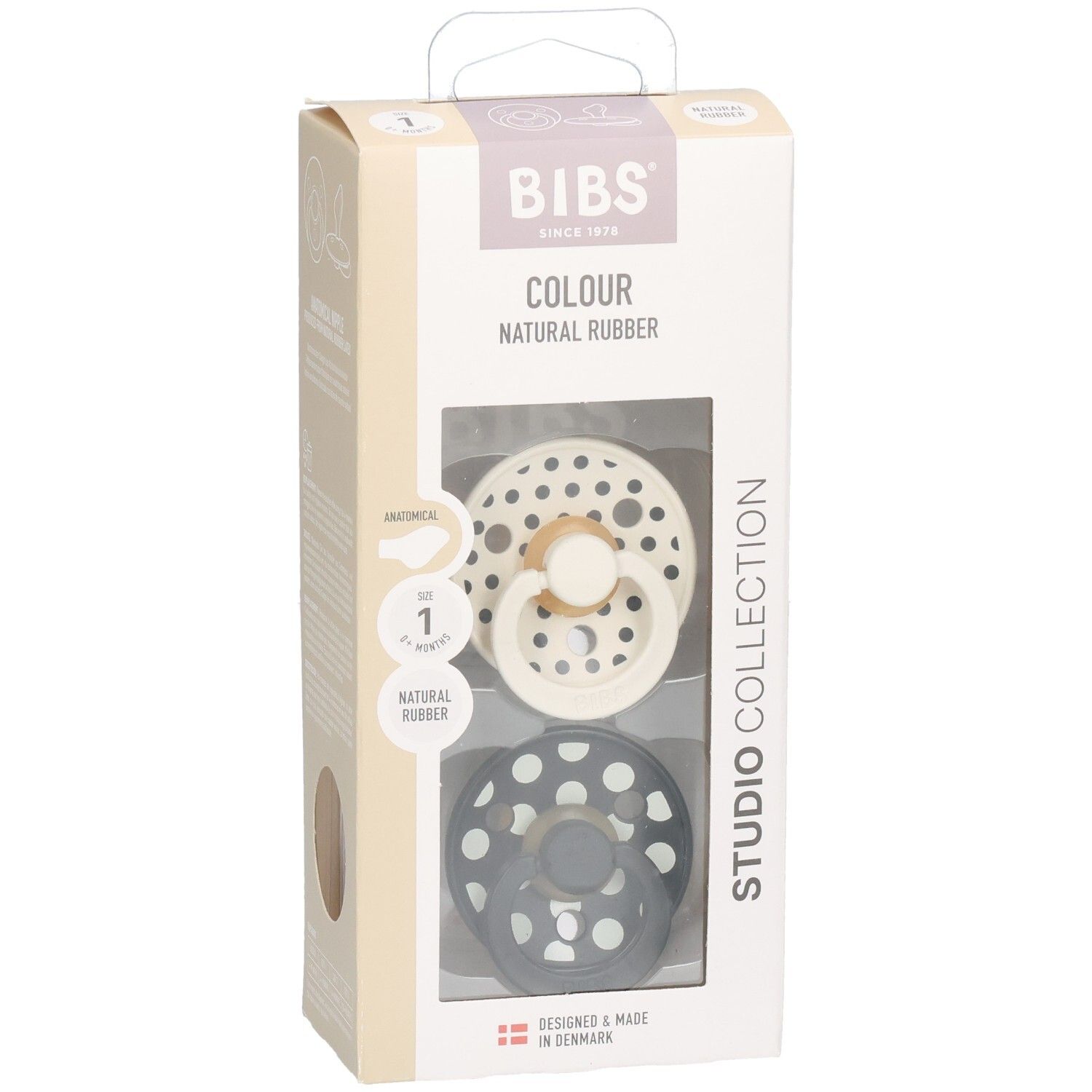 Verpakking met twee BIBS-fopspenen. Polka dot design. Anatomische speen. Natuurrubber. Kleuren: zwart en crème.