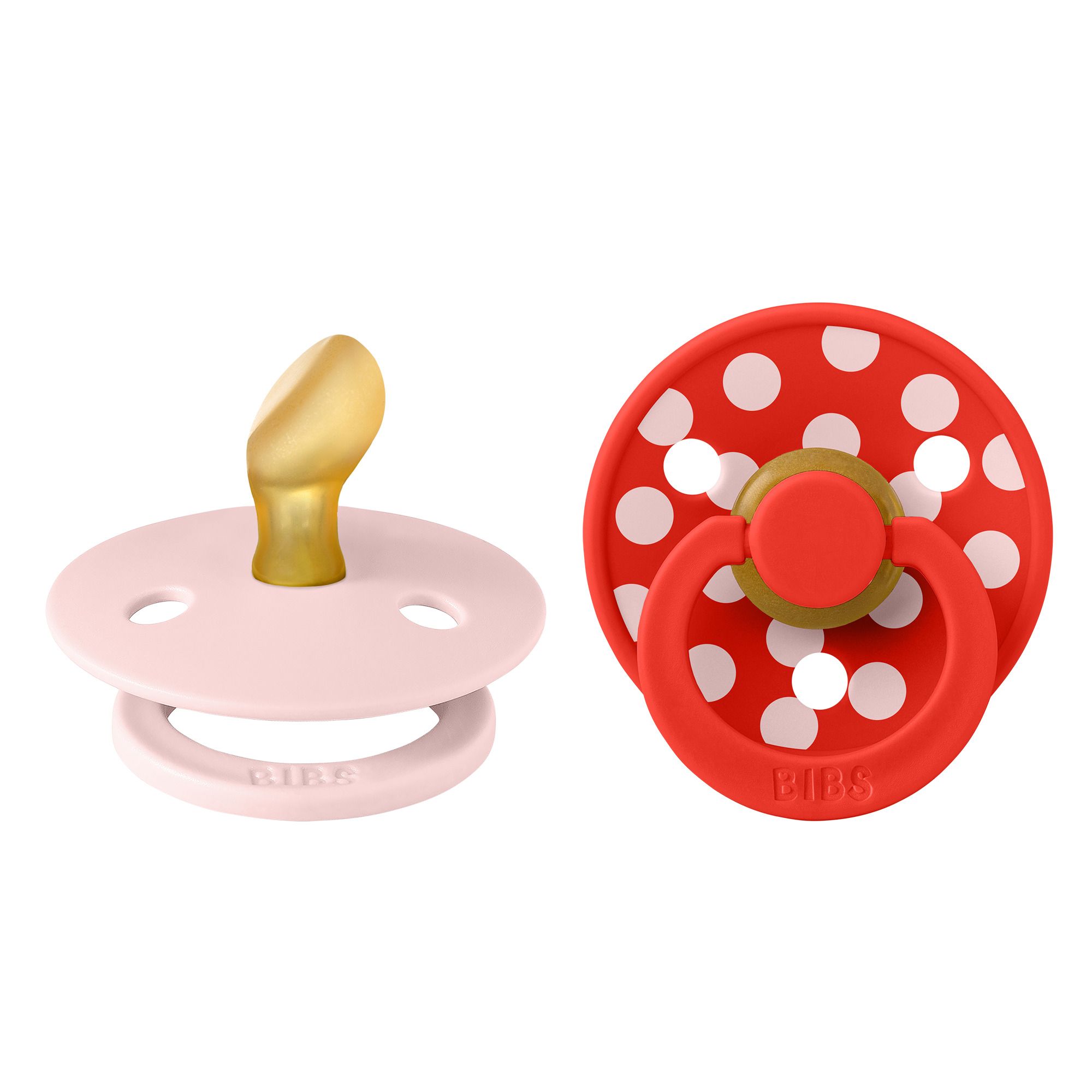 Twee fopspenen. Roze en rode fopspeen met witte stippen. Gouden details. Merk BIBS. Anatomisch.
