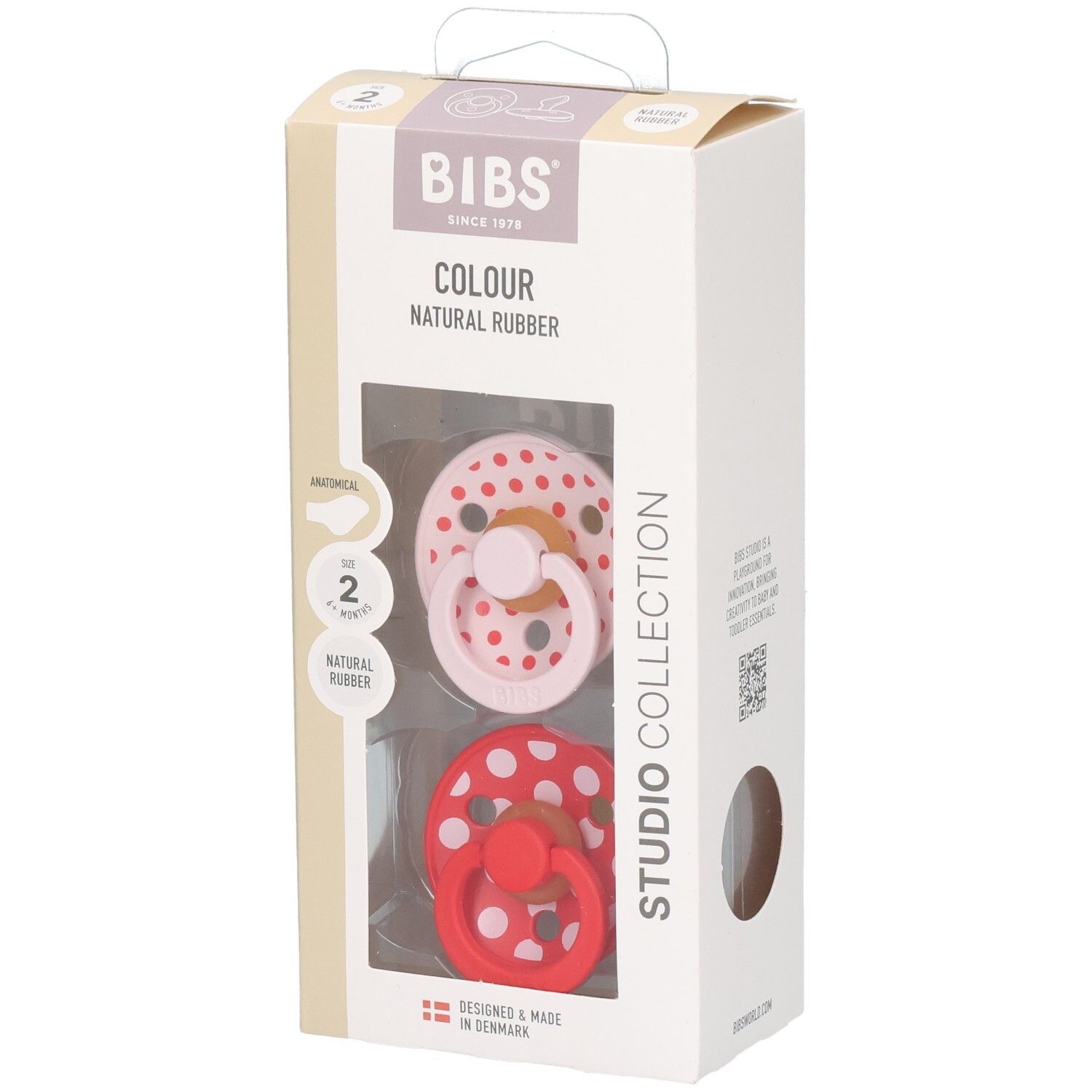 Verpakking met twee fopspenen. Roze en rode fopspeen met witte stippen. BIBS-logo en productinformatie.