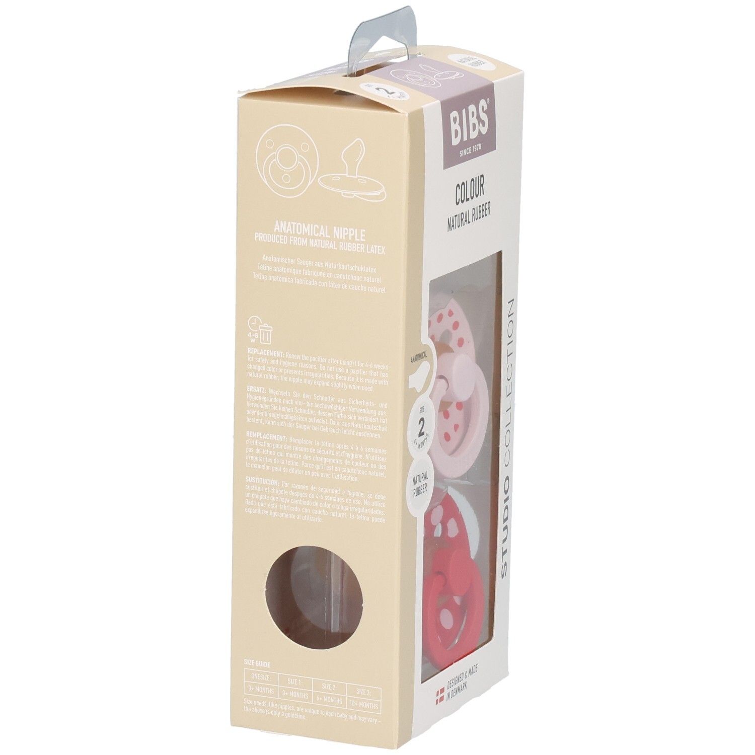 Zijaanzicht van de verpakking met twee fopspenen. Venster toont de fopspenen. BIBS-logo en productinformatie.