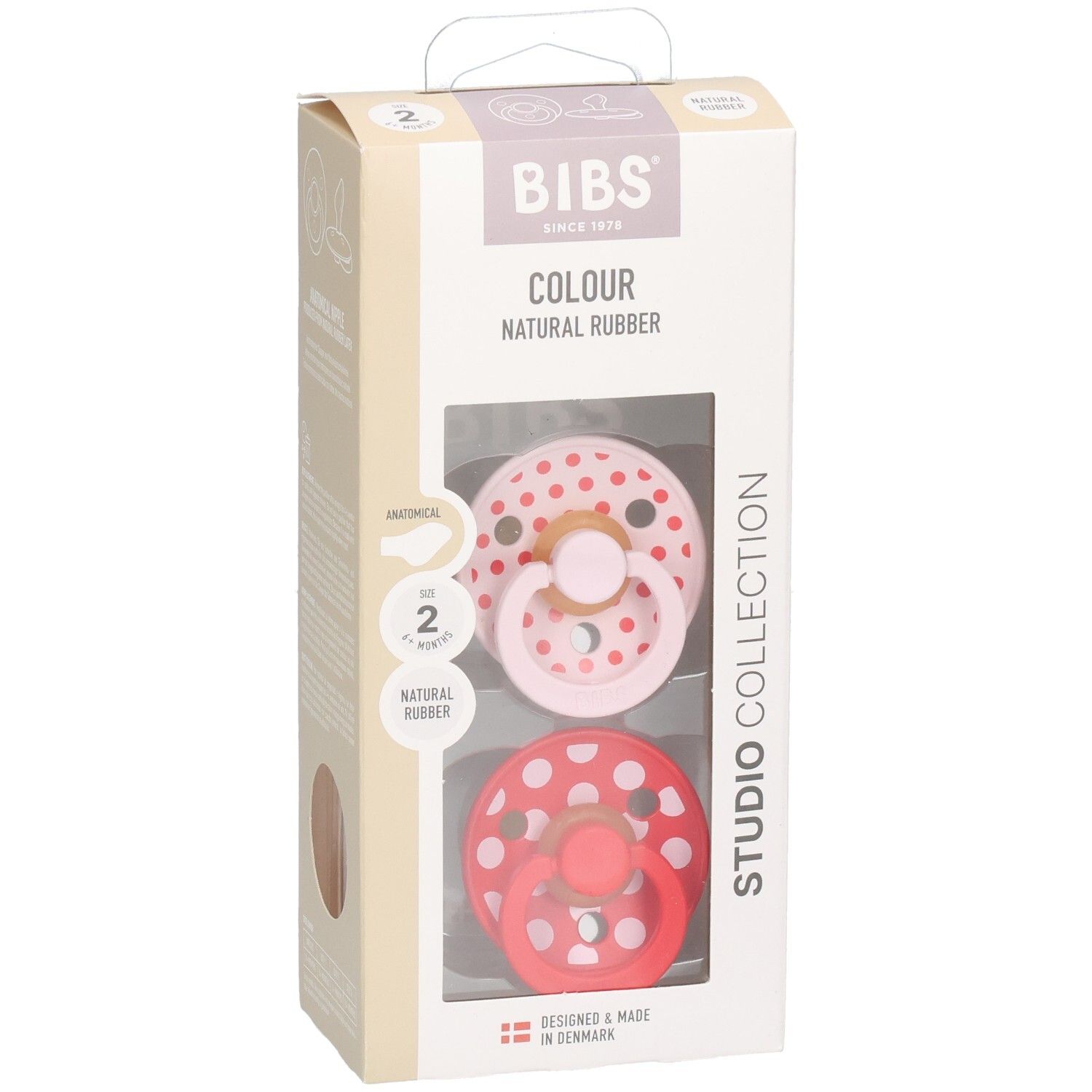 Verpakking met twee fopspenen. Roze en rode fopspeen met witte stippen. BIBS-logo en productinformatie.