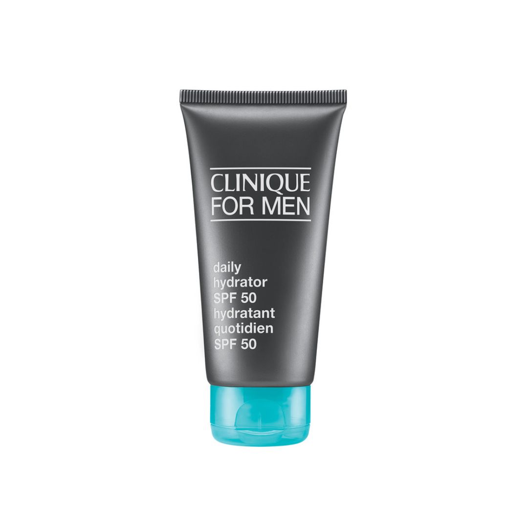 Grijze tube met blauwe dop. Opschrift: CLINIQUE FOR MEN, daily hydrator SPF 50, hydratant quotidien SPF 50.