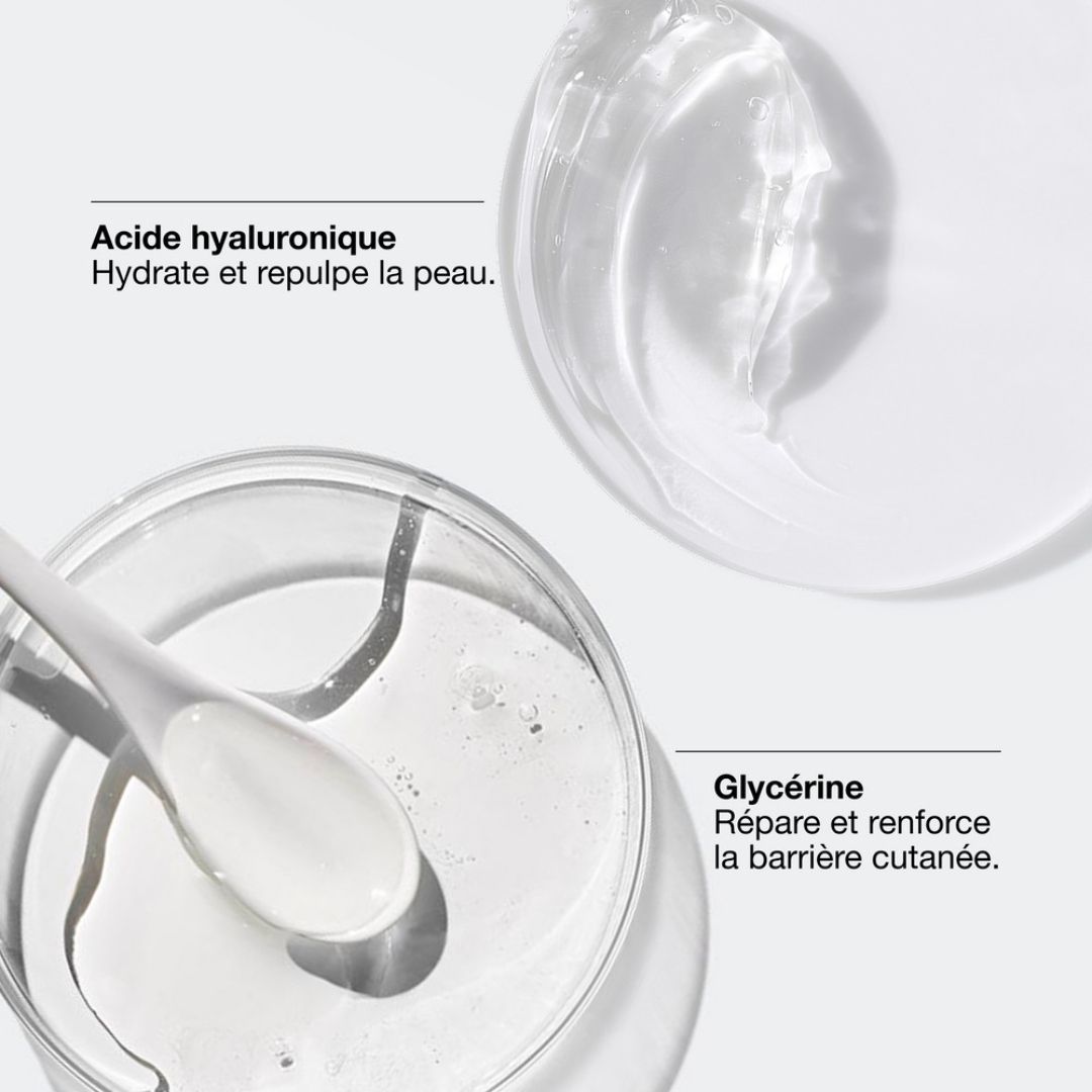 Gros plan sur les ingrédients: acide hyaluronique et glycérine.