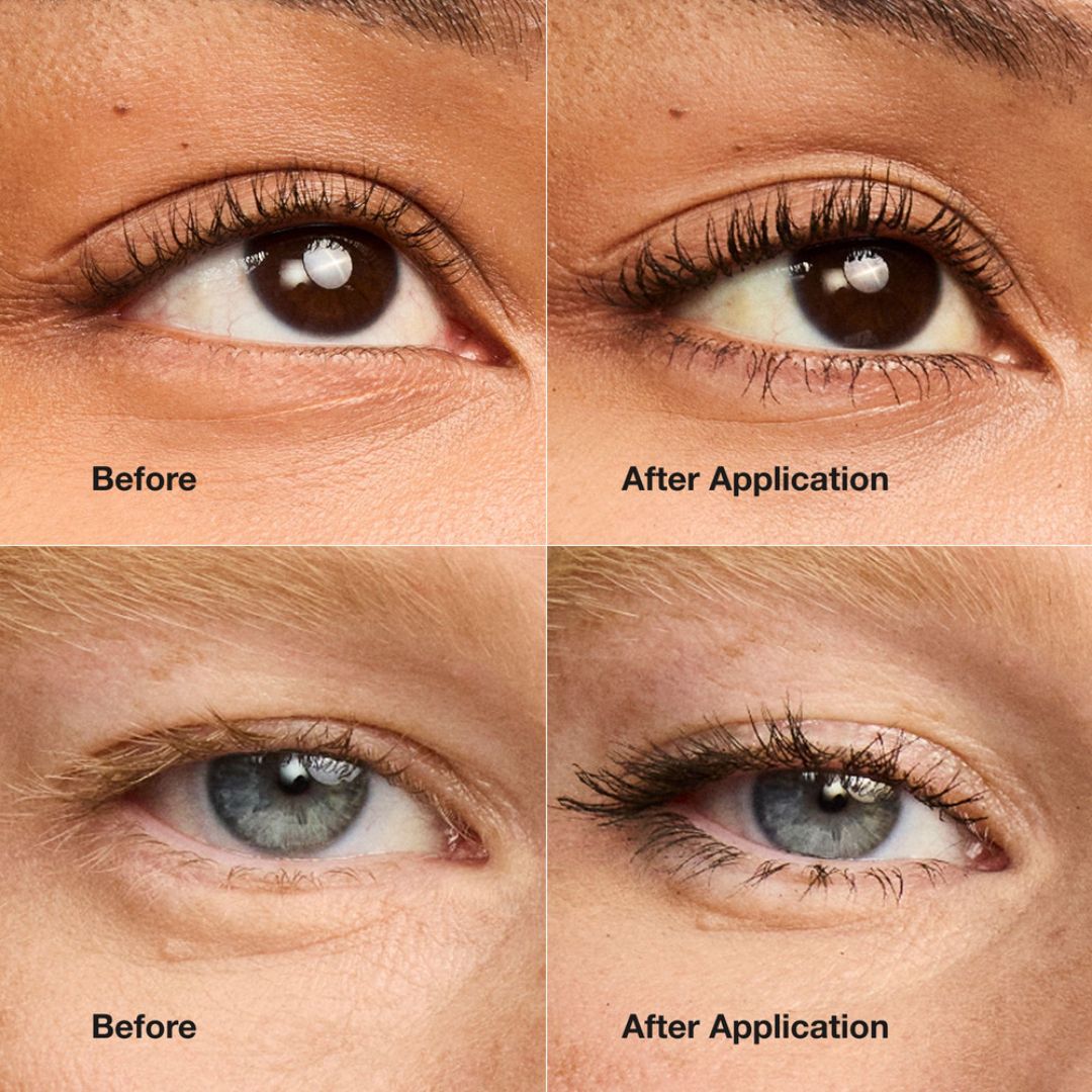 Yeux avant et après l'application du mascara. Deux paires d'yeux, en haut et en bas.
