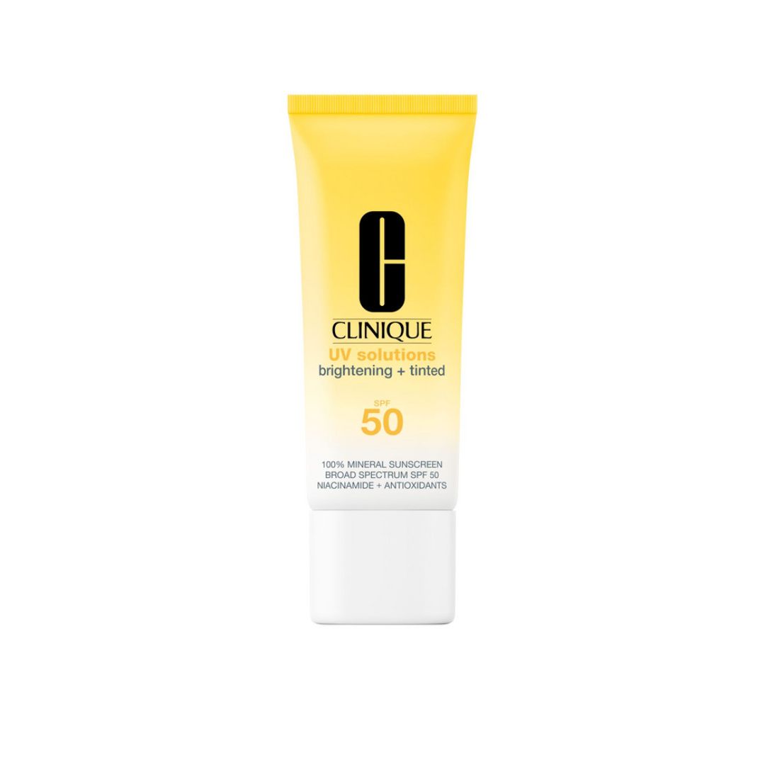 Tube de crème solaire Clinique SPF 50, jaune pâle avec bouchon blanc.