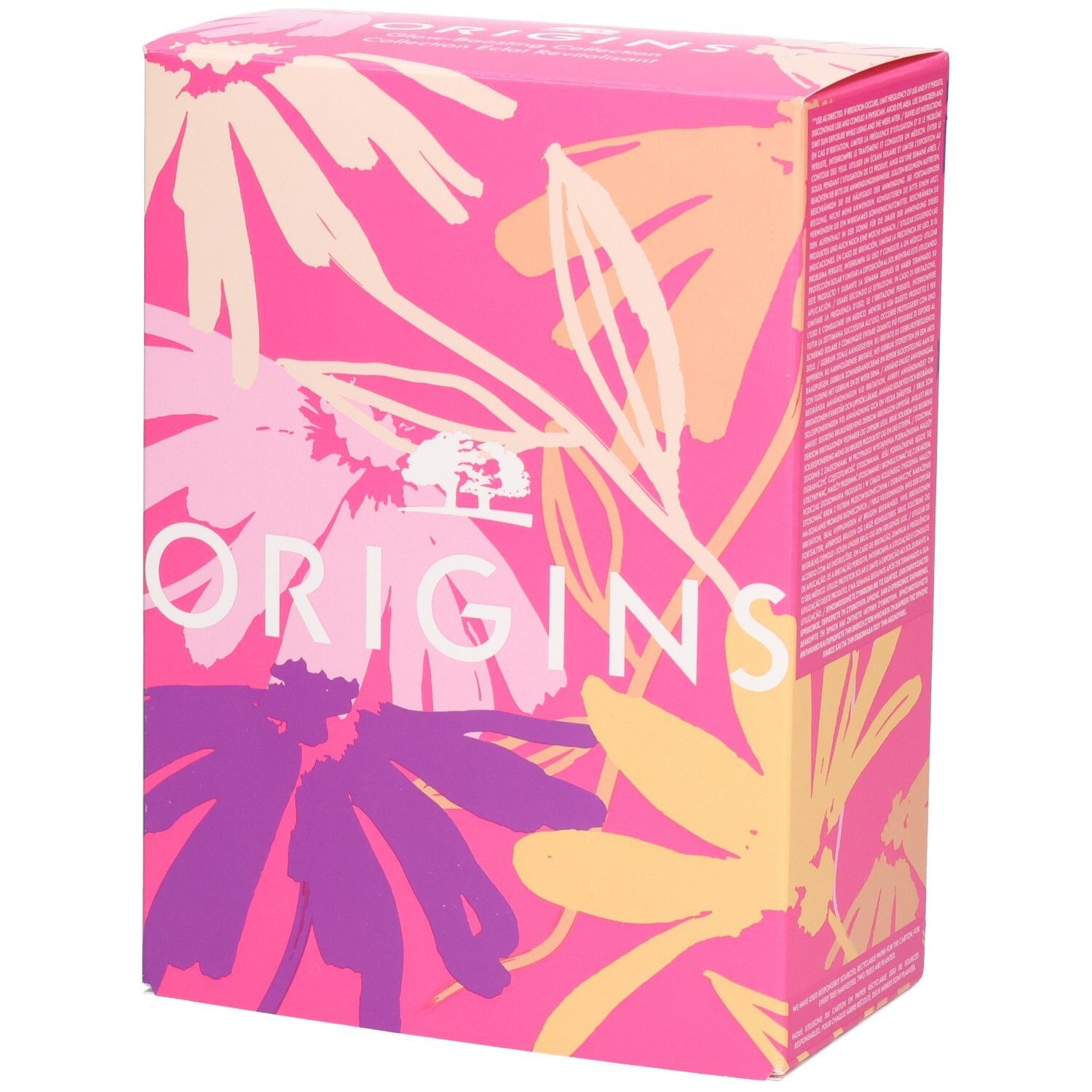 Roze verpakking met bloemenpatroon. Opschrift: Origins. Op de zijkant: Glow-Boosting Collection. Productverpakking.