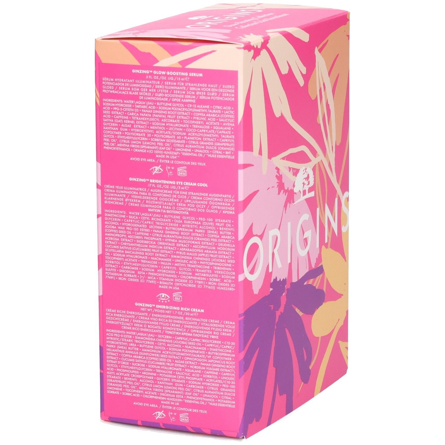 Roze verpakking met tekst en bloemenpatroon. Opschrift: Origins. Productinformatie op de zijkant. Glow-Boosting Collection.
