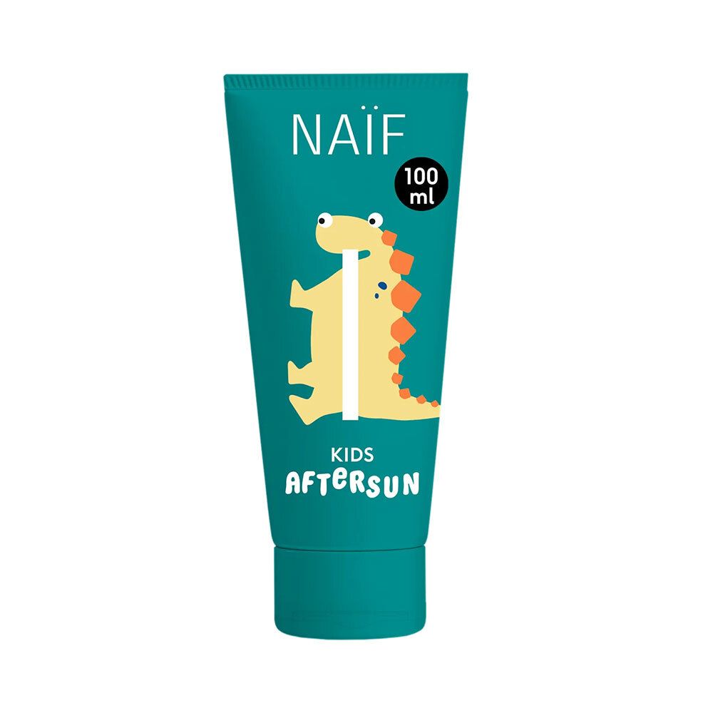 Turquoise tube met gele dino. Tekst: "NAÏF", "KIDS AFTERSUN" en "100 ml".