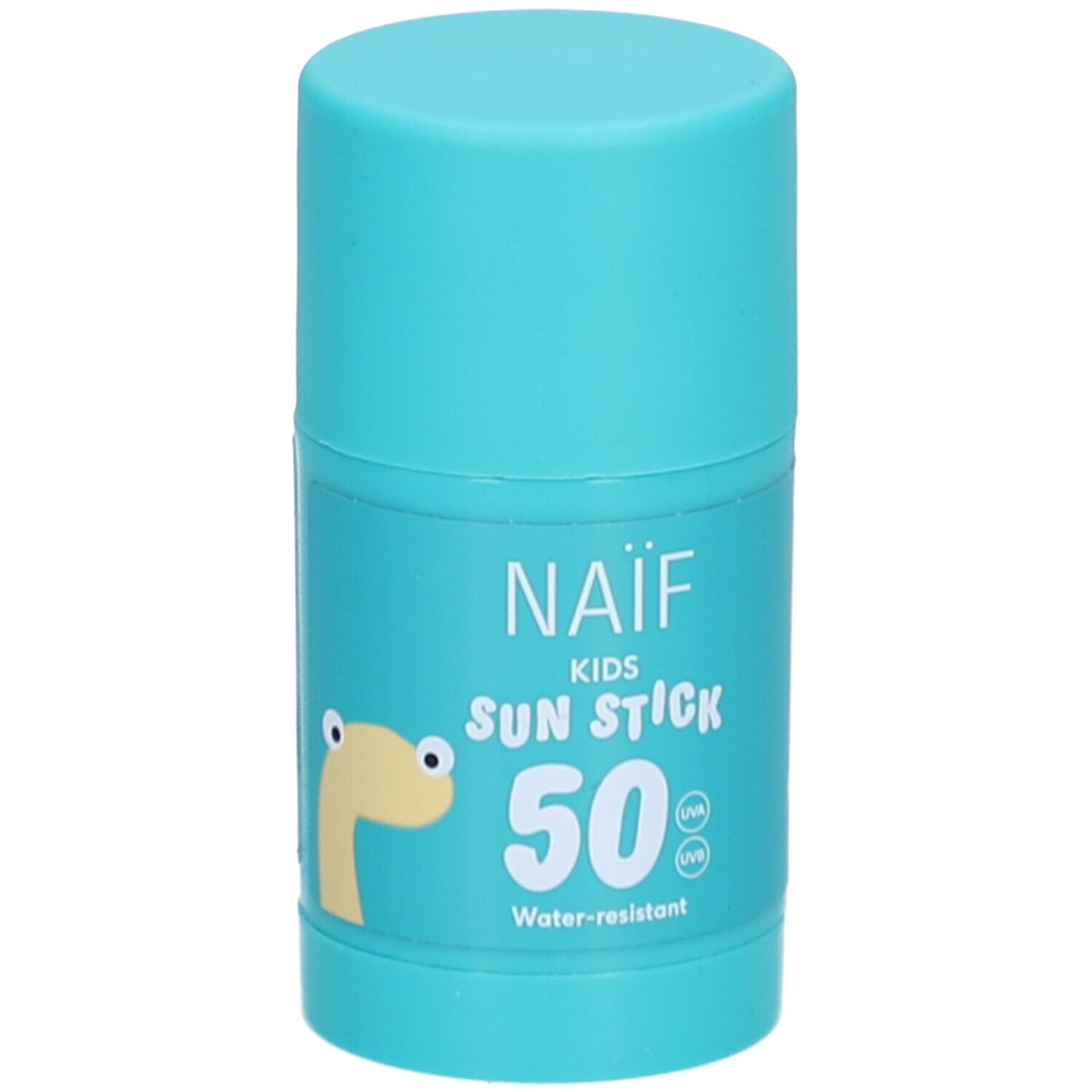 Turquoise zonnestick voor kinderen. Opschrift: NAÏF KIDS SUN STICK 50. Illustratie van een geel dier.