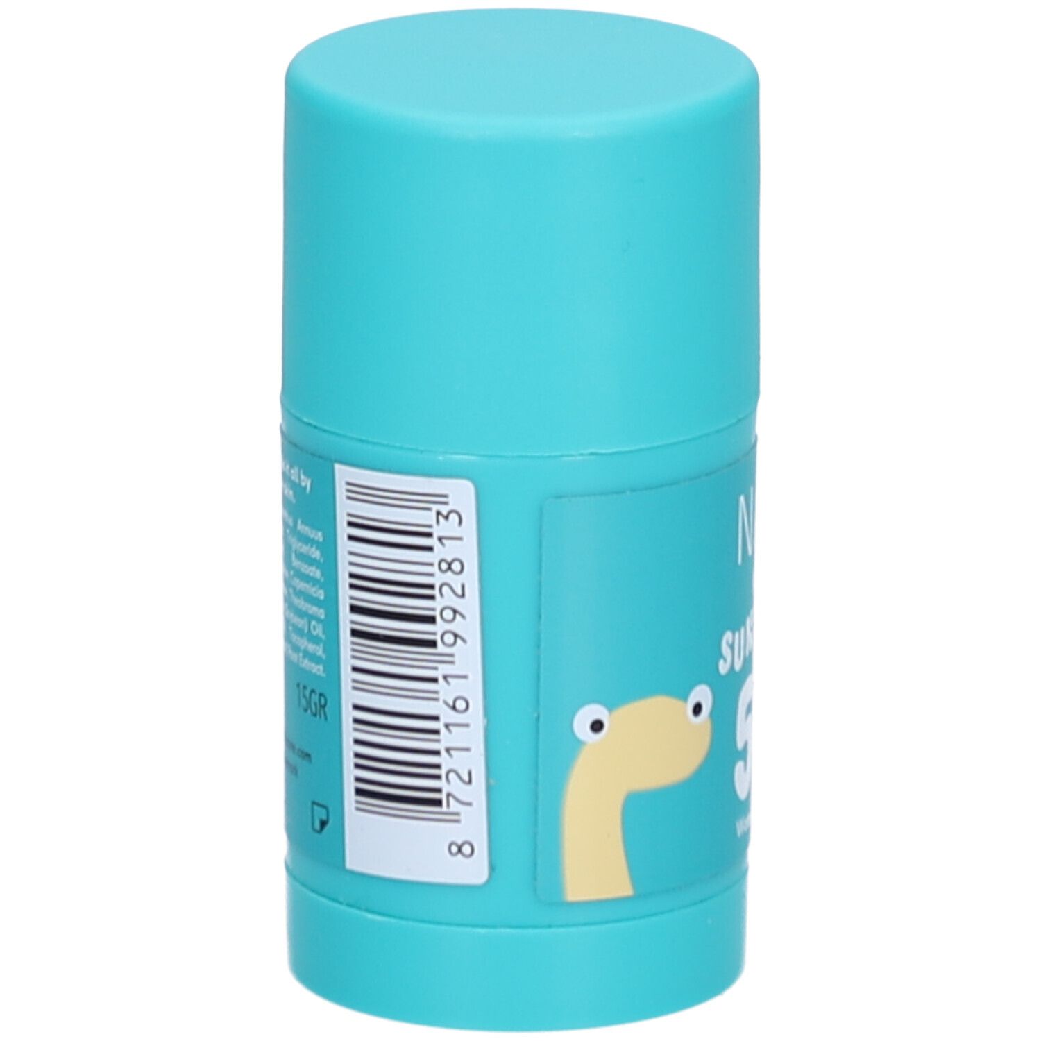 Turquoise zonnestick voor kinderen. Achterkant met barcode en tekst. Opschrift: NAÏF KIDS SUN STICK 50.