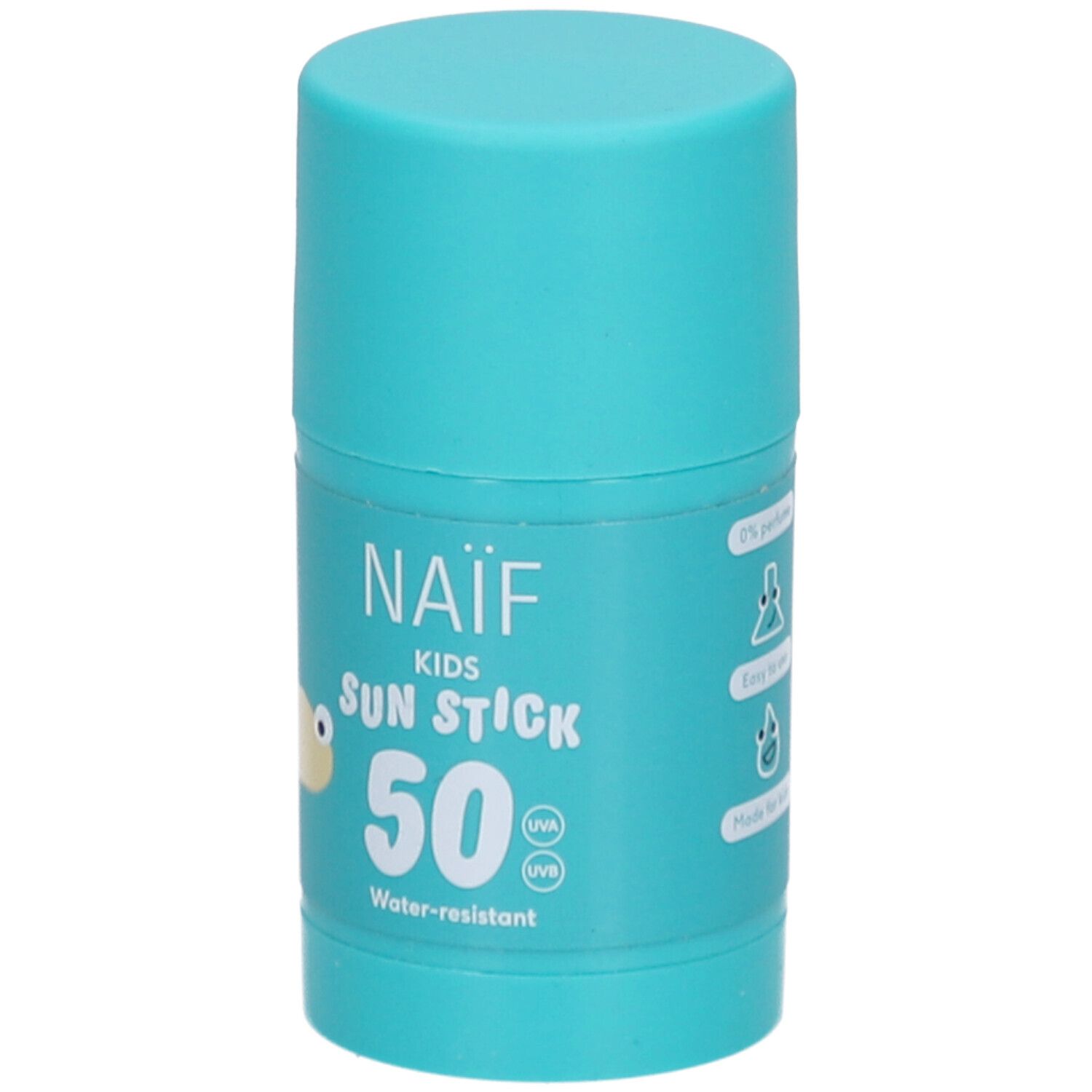 Turquoise zonnestick voor kinderen. Opschrift: NAÏF KIDS SUN STICK 50. Met illustraties.
