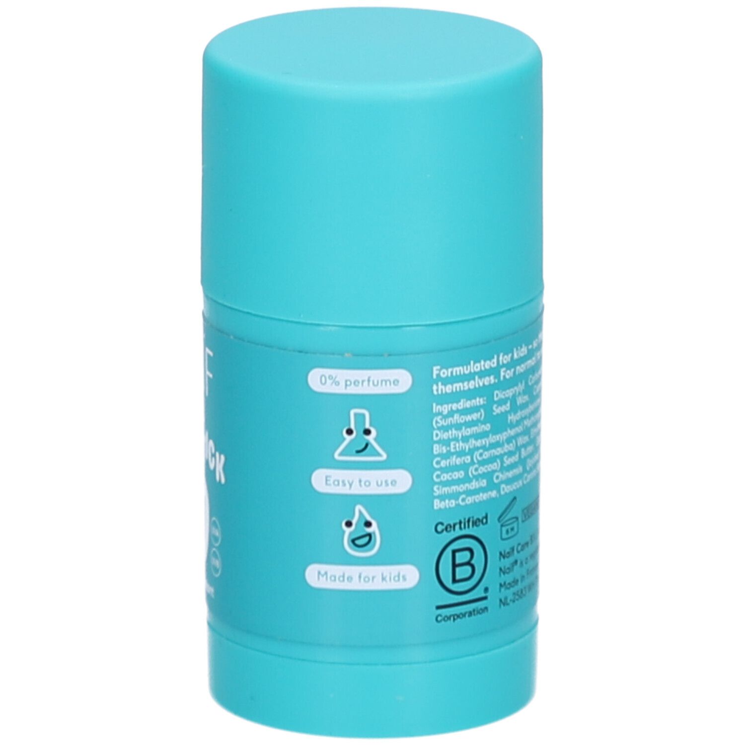 Turquoise zonnestick voor kinderen. Achterkant met tekst en illustraties. Certificeringen.