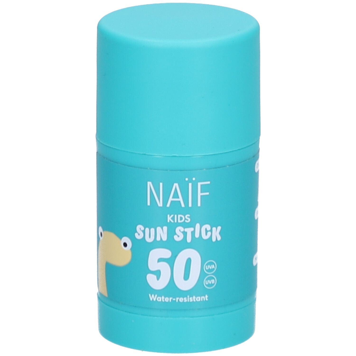 Turquoise zonnestick voor kinderen. Opschrift: NAÏF KIDS SUN STICK 50. Met illustratie van een geel dier.