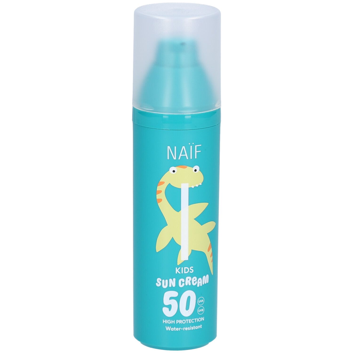 Turquoise zonnecrèmefles met dinosaurusillustratie. Opschrift: Naïf Kids Sun Cream 50. Waterbestendig.