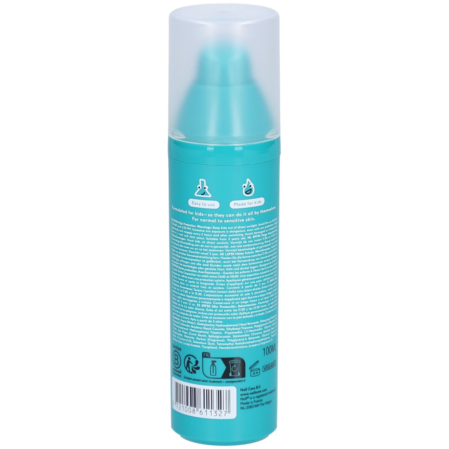 Achterkant van een turquoise zonnecrèmefles. Tekst en logo's. 100ml. Vegan.