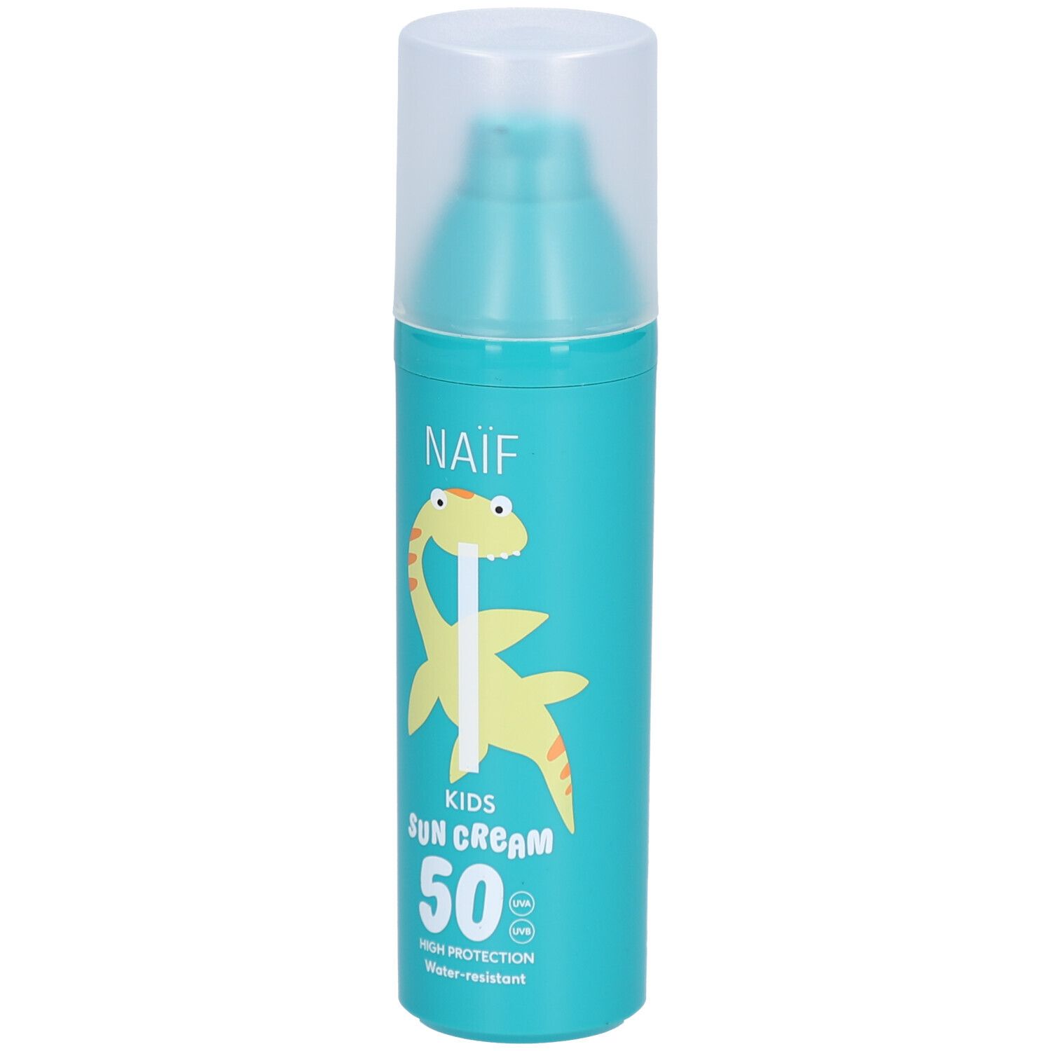 Turquoise zonnecrèmefles met dinosaurusillustratie. Opschrift: Naïf Kids Sun Cream 50. Waterbestendig.