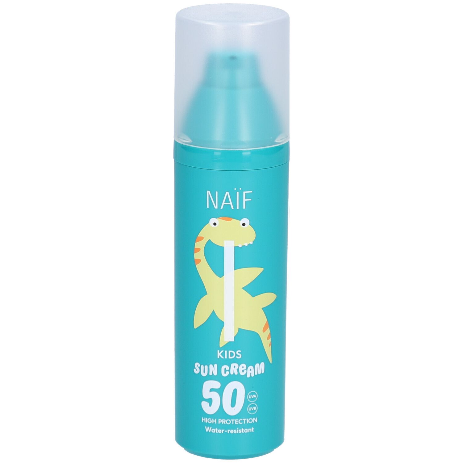 Turquoise zonnecrèmefles met dinosaurusillustratie. Opschrift: Naïf Kids Sun Cream 50. Waterbestendig.