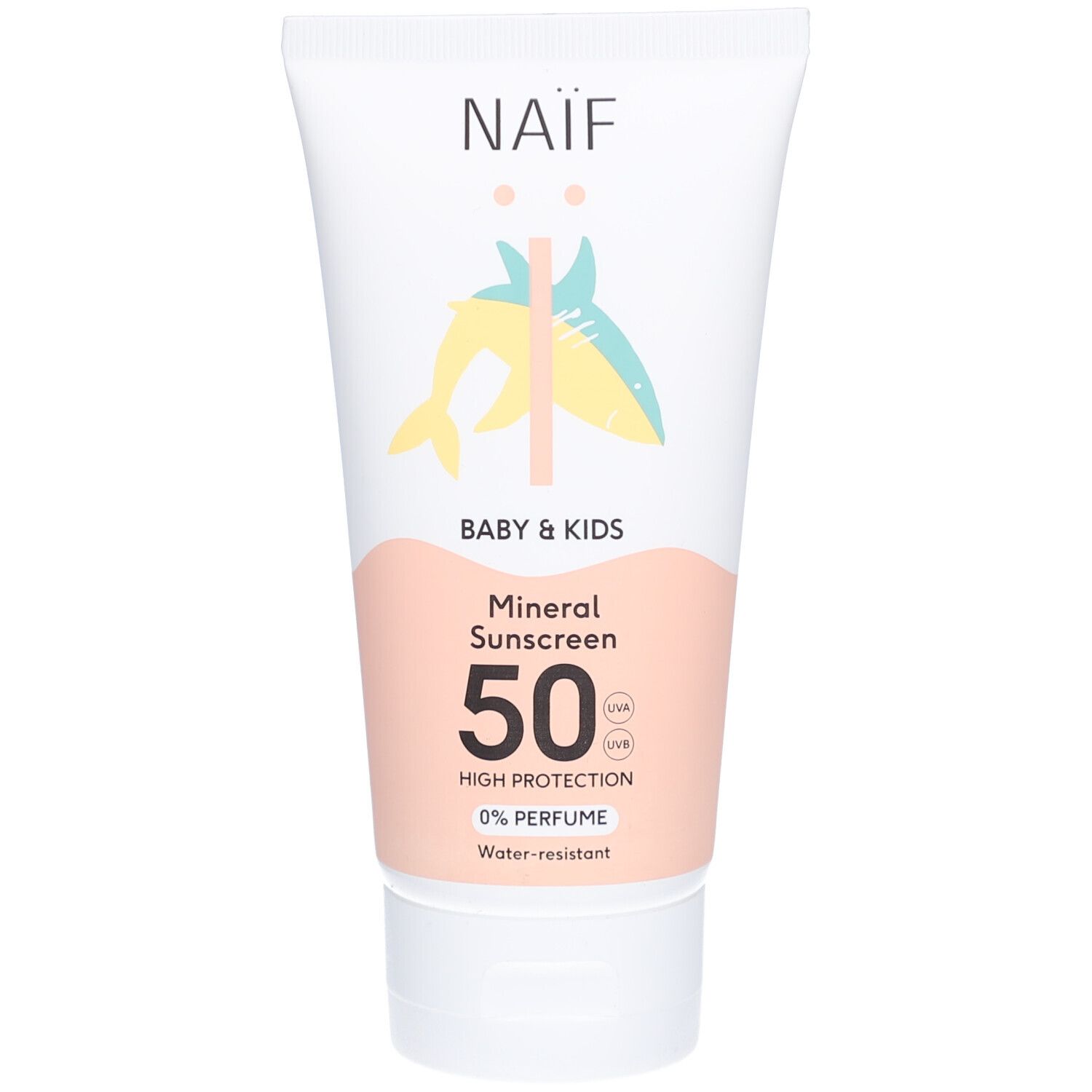 Witte tube met Naïf, Baby & Kids, Mineral Sunscreen 50. Illustratie: vis. 0% parfum. Waterbestendig.