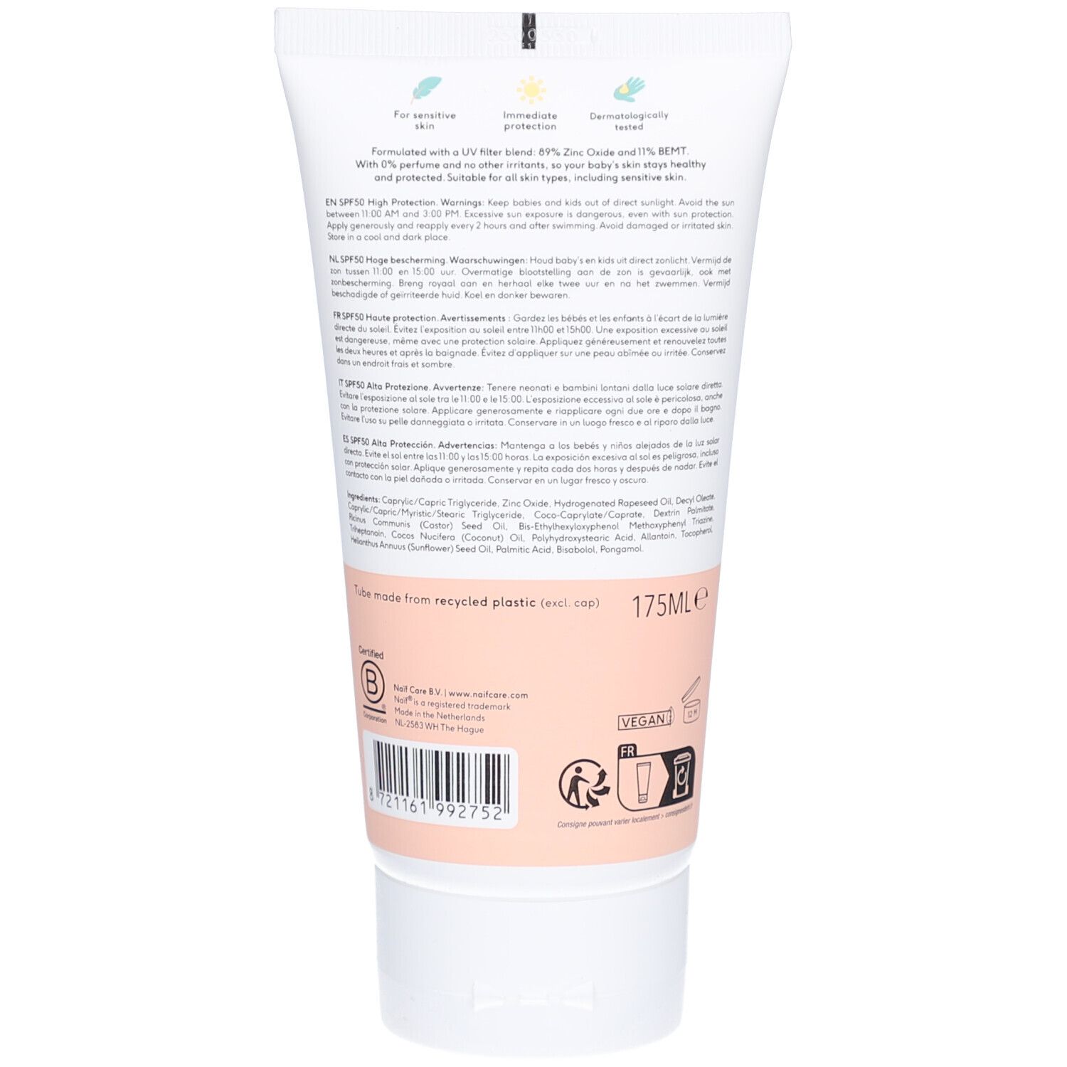 Achterkant tube. Tekst: UV-filter, 89% zinkoxide, 0% parfum. 175ml. Gemaakt van gerecycled plastic. Vegan.