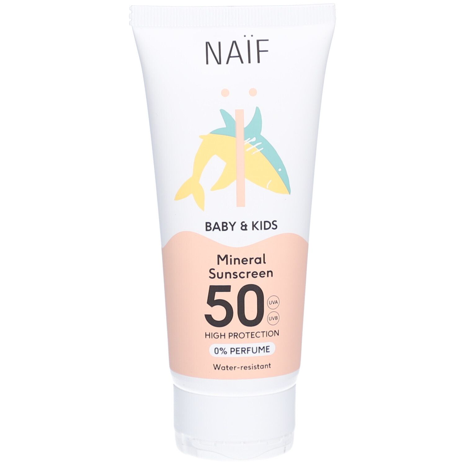 Witte tube met Naïf-logo en illustratie. Opschrift: Baby & Kids, Mineral Sunscreen 50, High Protection, 0% Perfume.