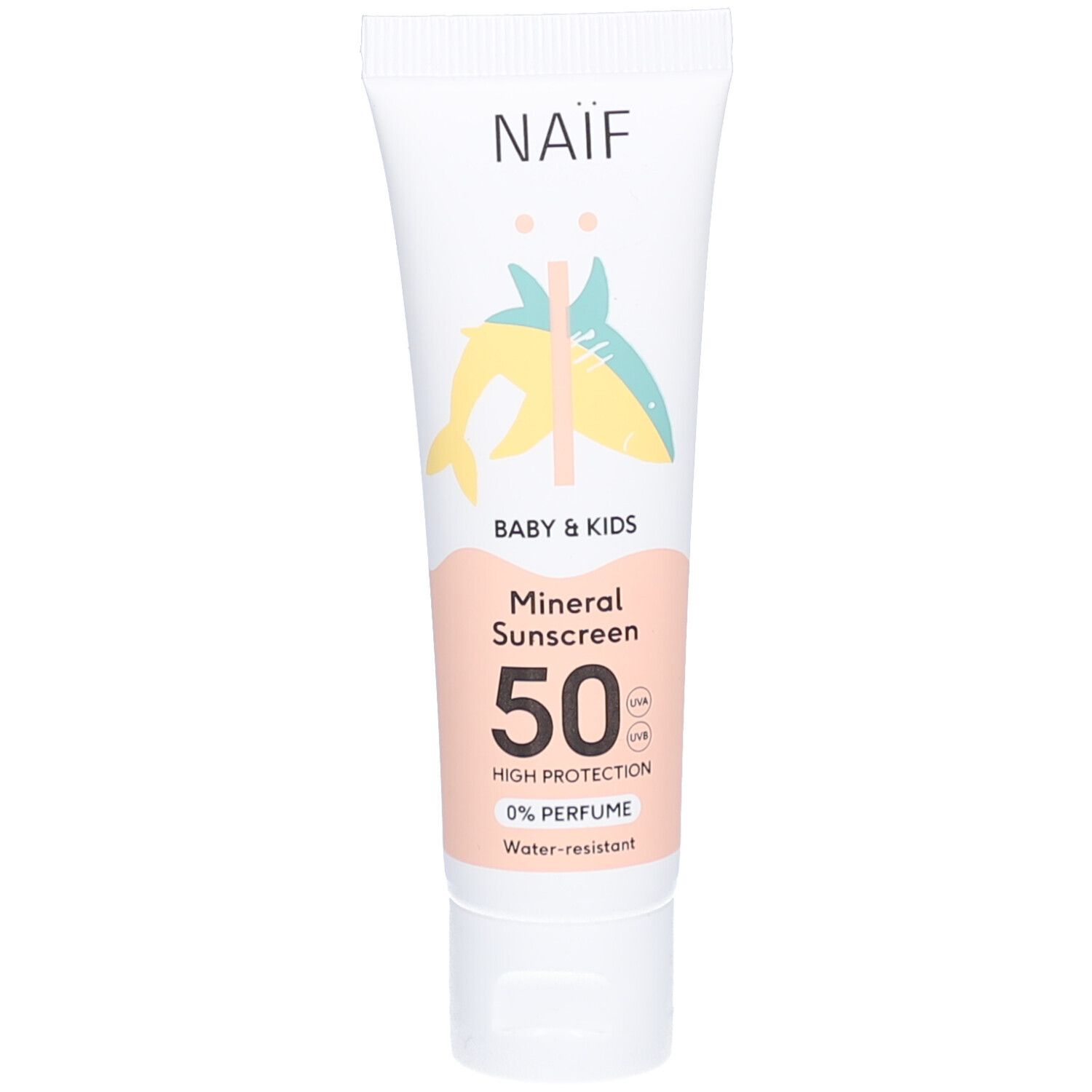Witte tube Naïf. Illustratie vis. Opschrift: Mineral Sunscreen 50, Baby & Kids. 0% Parfum. Waterbestendig.