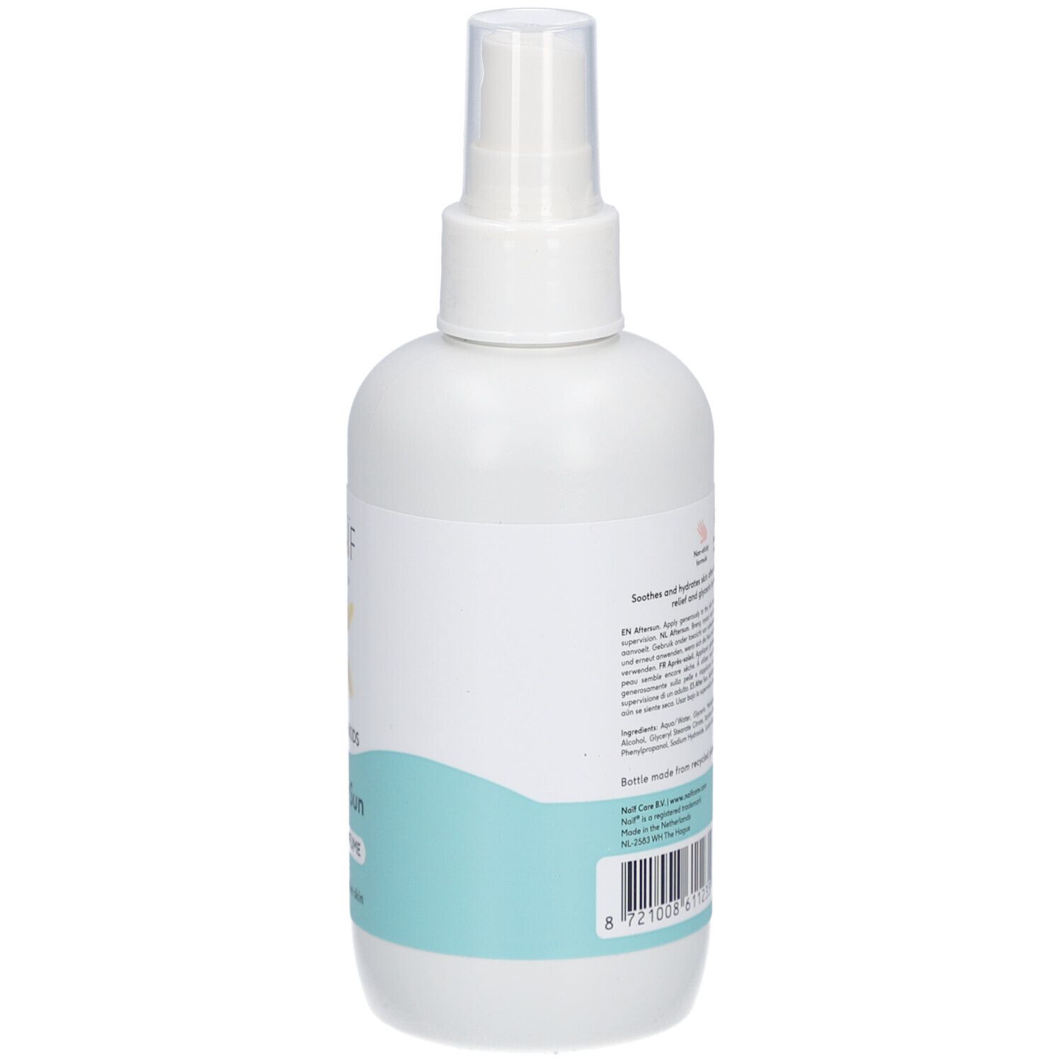 Achterkant van de witte sprayfles. Tekst met ingrediënten en informatie. 125ml. Vegan logo.