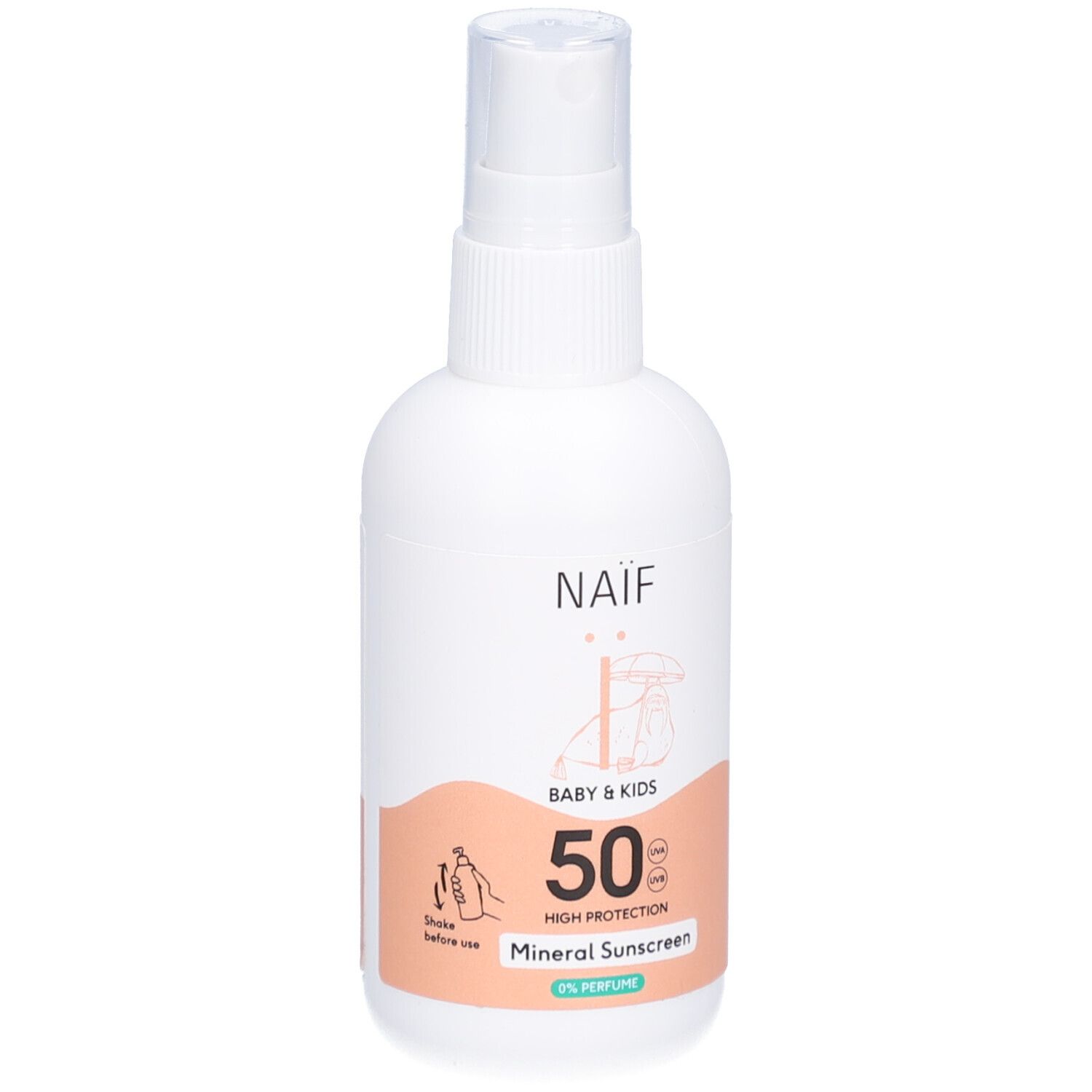 Witte fles met spraykop. Opschrift NAÏF, BABY & KIDS, 50 SPF, Mineral Sunscreen. Illustraties.