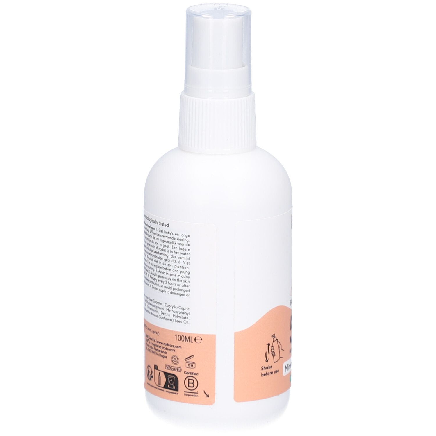 Achterkant van de witte fles. Meertalige tekst. Ingrediënten en informatie. 100ml.