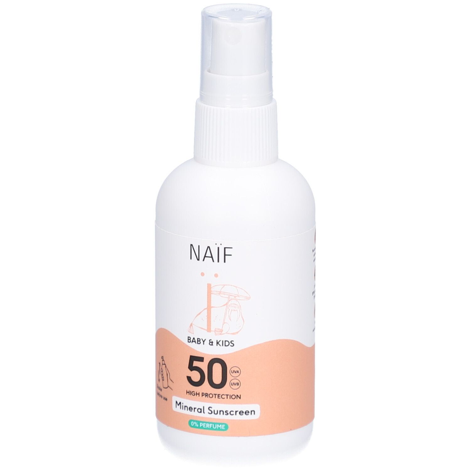 Witte fles met spraykop. Opschrift NAÏF, BABY & KIDS, 50 SPF, Mineral Sunscreen. Illustraties.