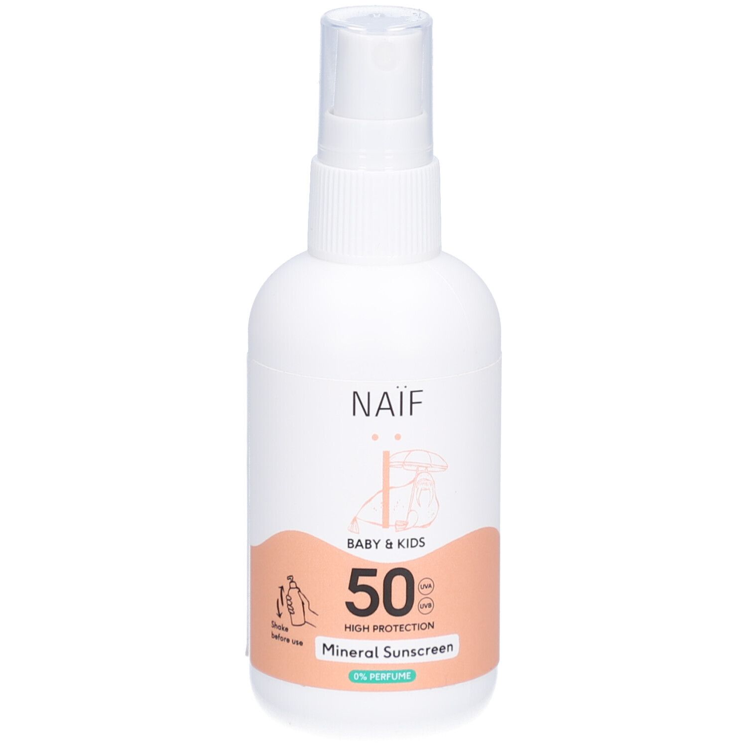 Witte fles met spraykop. Opschrift NAÏF, BABY & KIDS, 50 SPF, Mineral Sunscreen. Illustraties.