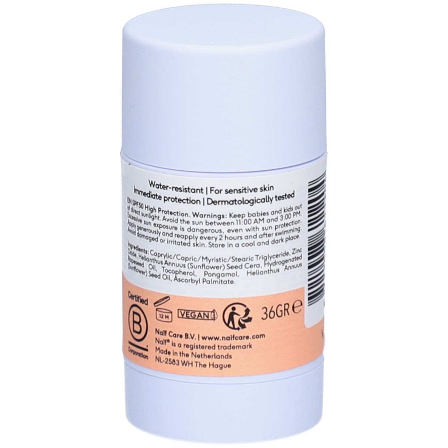 Dos du stick solaire. Texte : Water-resistant, Immediate protection, Dermatologically tested. Logo Vegan, certification B-Corp, 36gr.