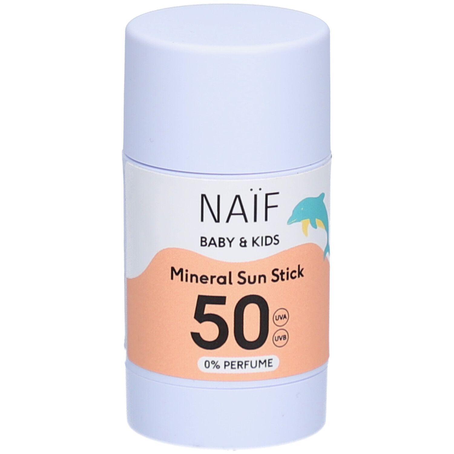 Stick solaire minéral pour bébés et enfants. Stick blanc avec inscription : NAÏF, Baby & Kids, Mineral Sun Stick 50, 0% Perfume. Illustration de dauphin.