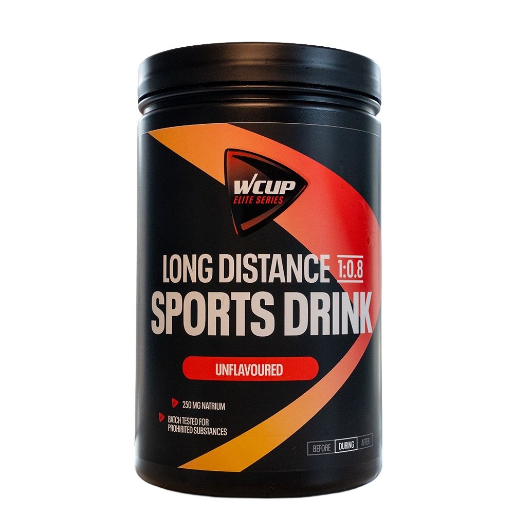 Zwarte container met opschrift "WCUP Elite Series Long Distance Sports Drink 1:0.8 Unflavoured".