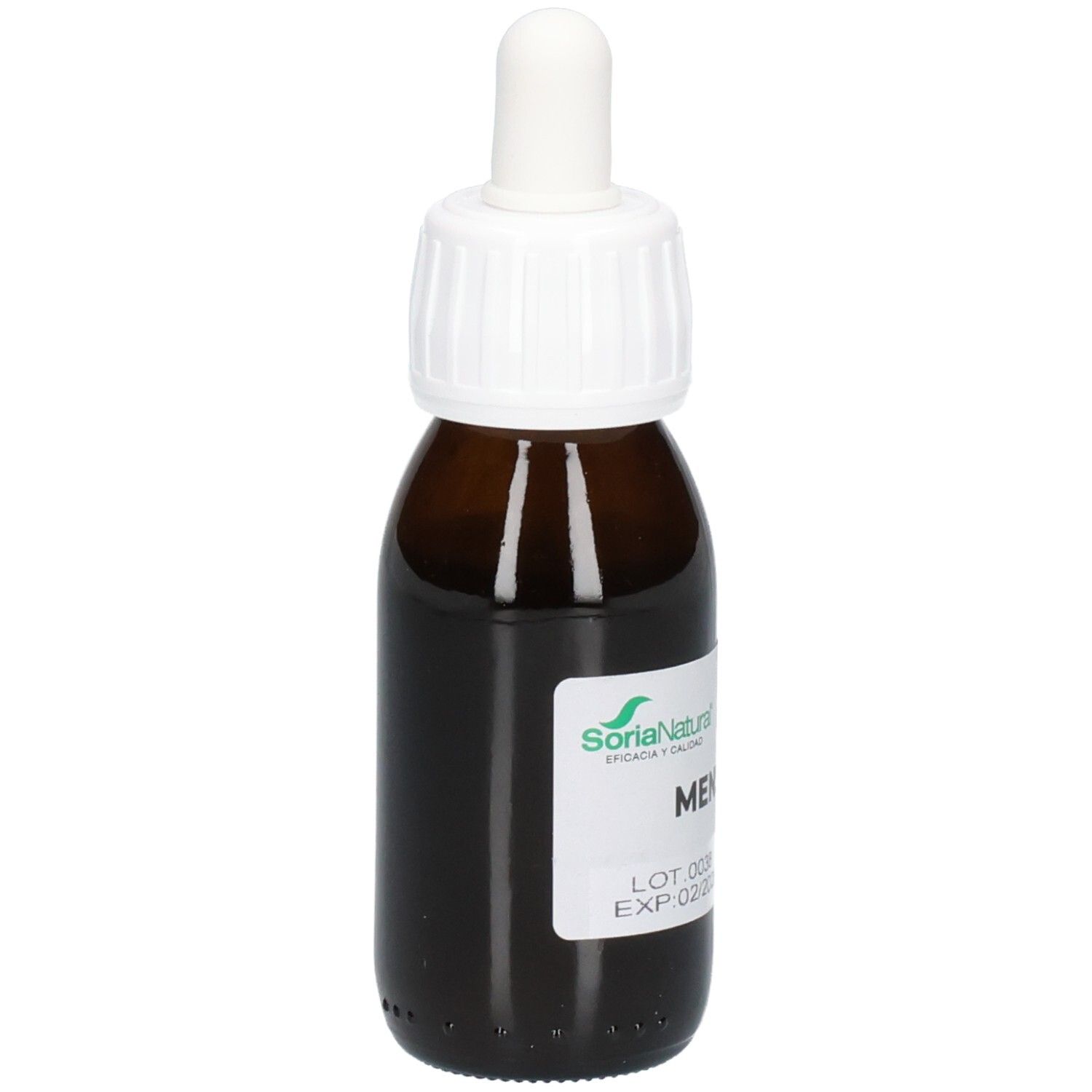 Flacon en verre brun avec bouchon et pipette blancs. Étiquette avec nom du produit Menstrulan et marque Soria Natural. Étiquette avec texte.
