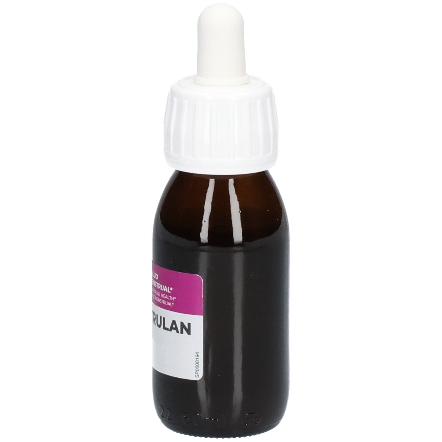 Flacon en verre brun avec bouchon et pipette blancs. Étiquette avec nom du produit Menstrulan. Fond violet.