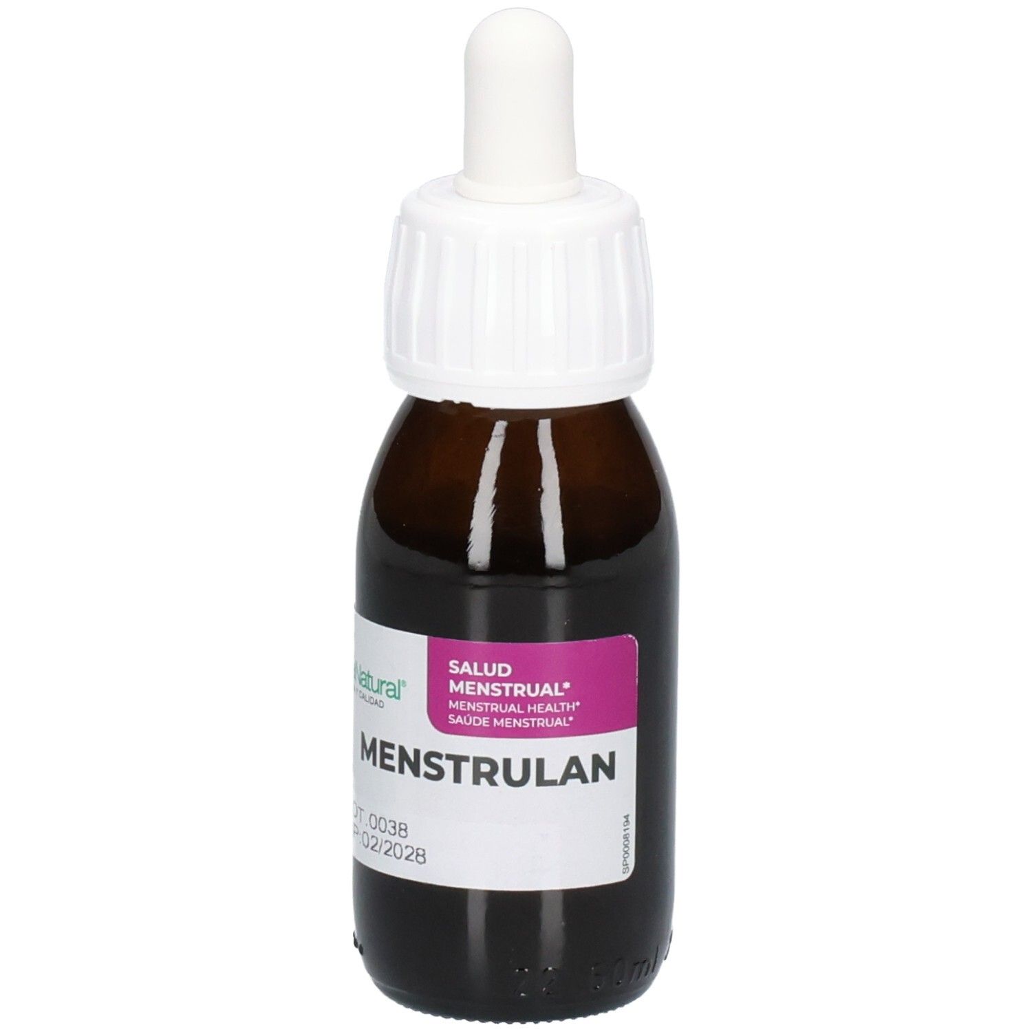 Flacon en verre brun avec bouchon et pipette blancs. Étiquette avec nom du produit Menstrulan et marque Soria Natural. Date de péremption.
